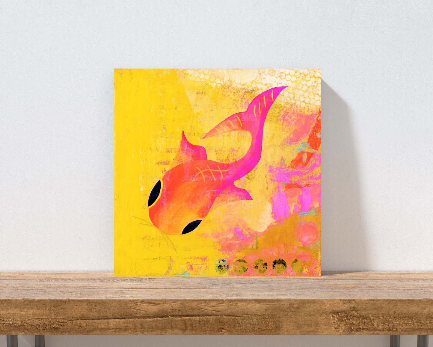 Whimsical Orange Koi Fish on Yellow Mixed Media Background “Yellow Koi” Canvas Print Wall Art Small Canvas on Shelf
