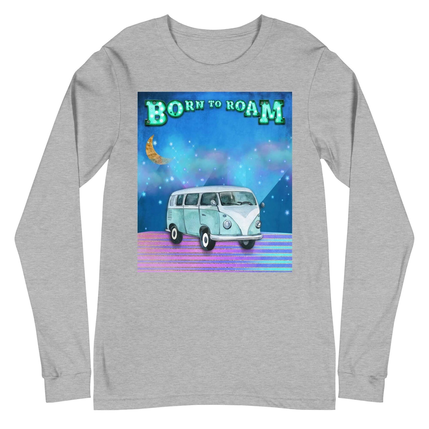 Blue Camper Van Against Blue and Purple Mountains with Moon, Clouds and Stars with “Born to Roam” Marquee Letters Unisex Long Sleeve Tee in Athletic Heather Gray