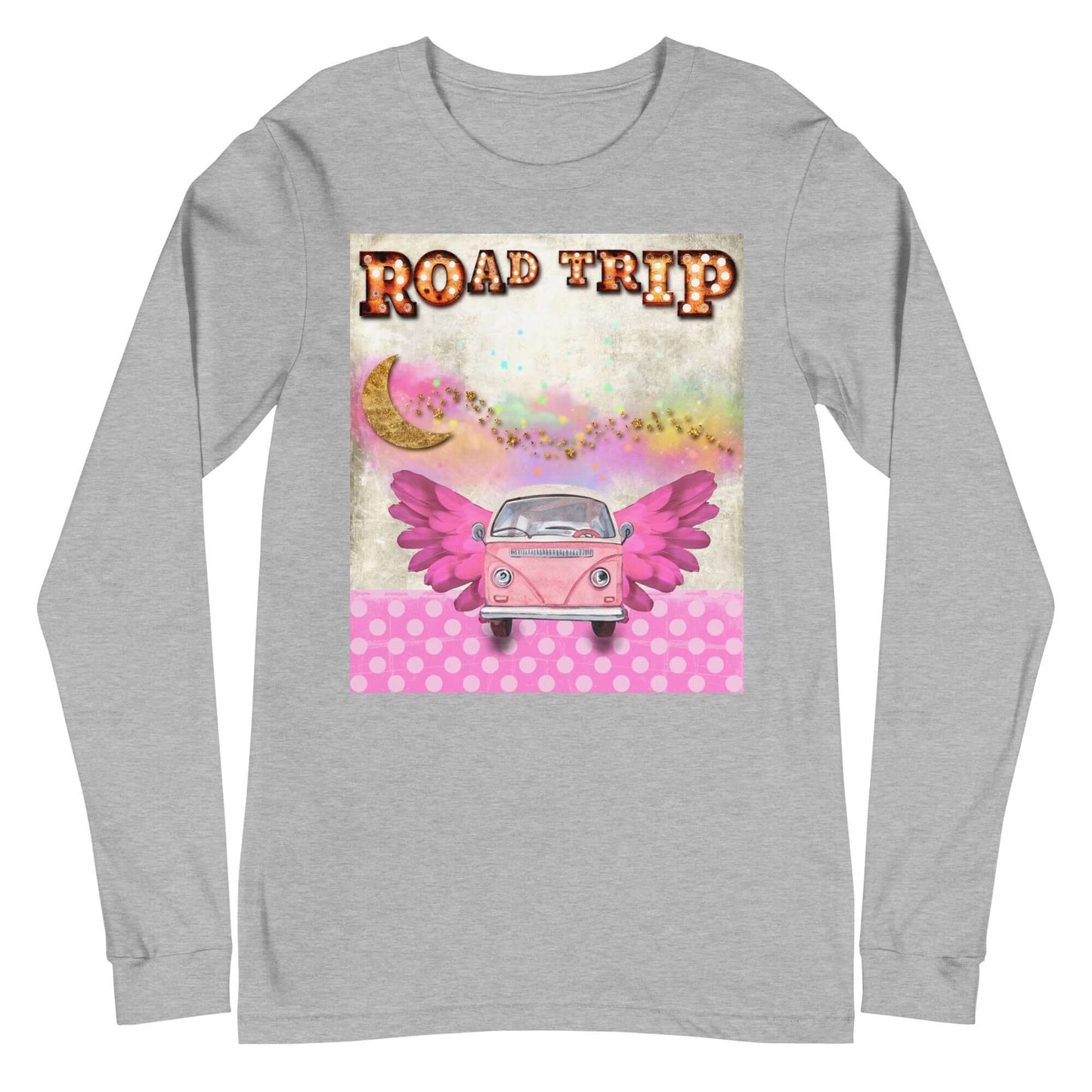 Pink Camper Van in Rainbow Clouds with Moon and Stars “Road Trip” Unisex Long Sleeve Tee in Athletic Heather Gray 