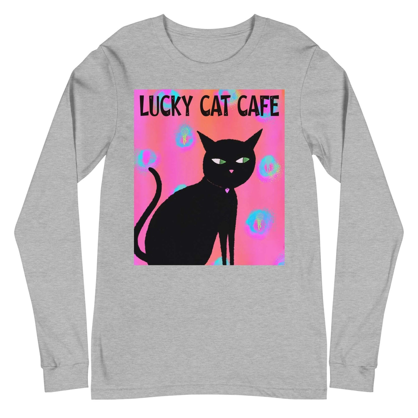 Black Cat on Hot Pink Tie Dye Background with Text “Lucky Cat Cafe” Unisex Long Sleeve Tee in Athletic Heather Gray