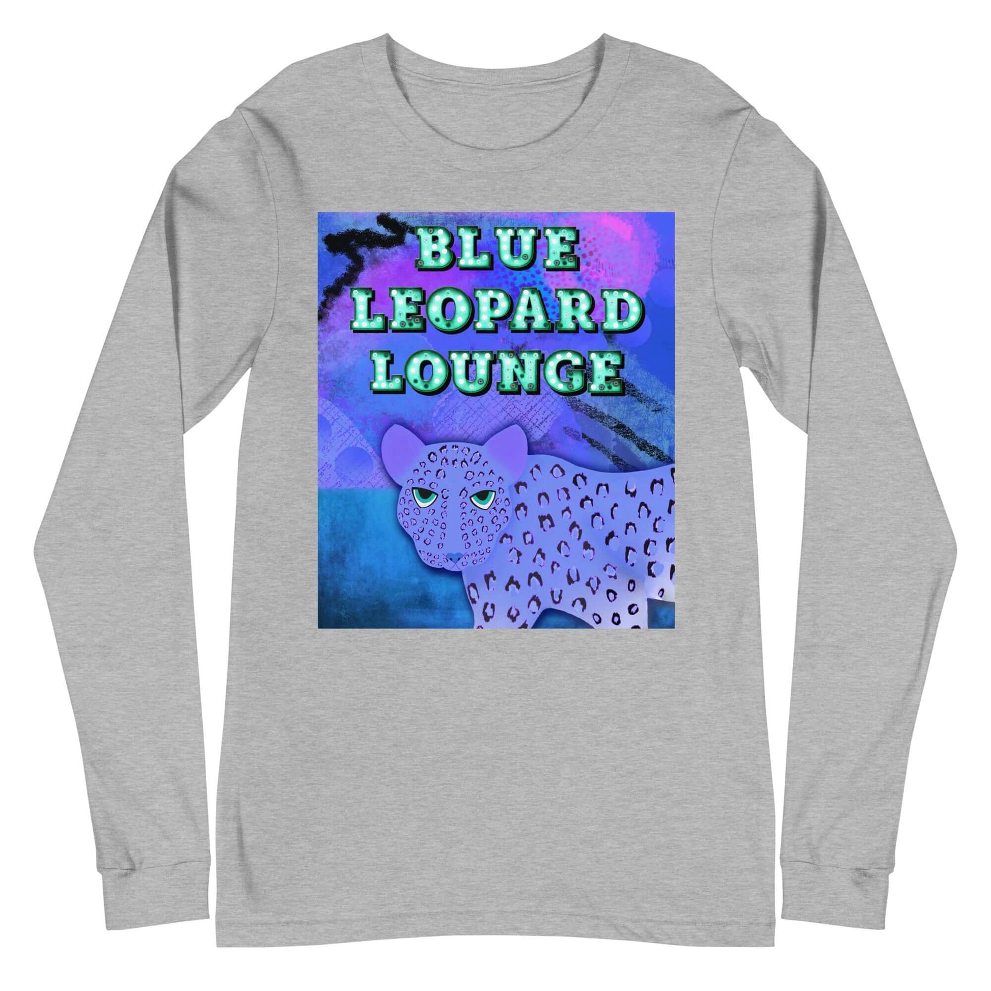 Purple Leopard on Blue and Purple Abstract Background with “Blue Leopard Lounge” Marquee Letters Unisex Long Sleeve Tee in Athletic Heather Gray
