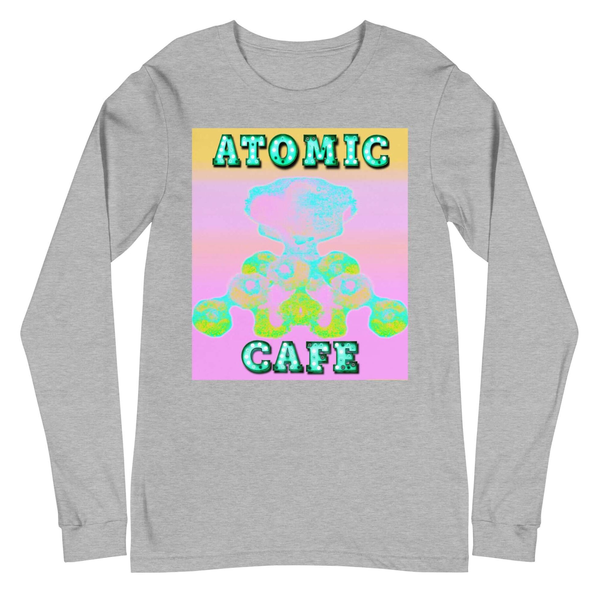 Pastel Atomic Blast with “Atomic Cafe” in Marquee Letters Unisex Long Sleeve Tee in Athletic Heather Gray