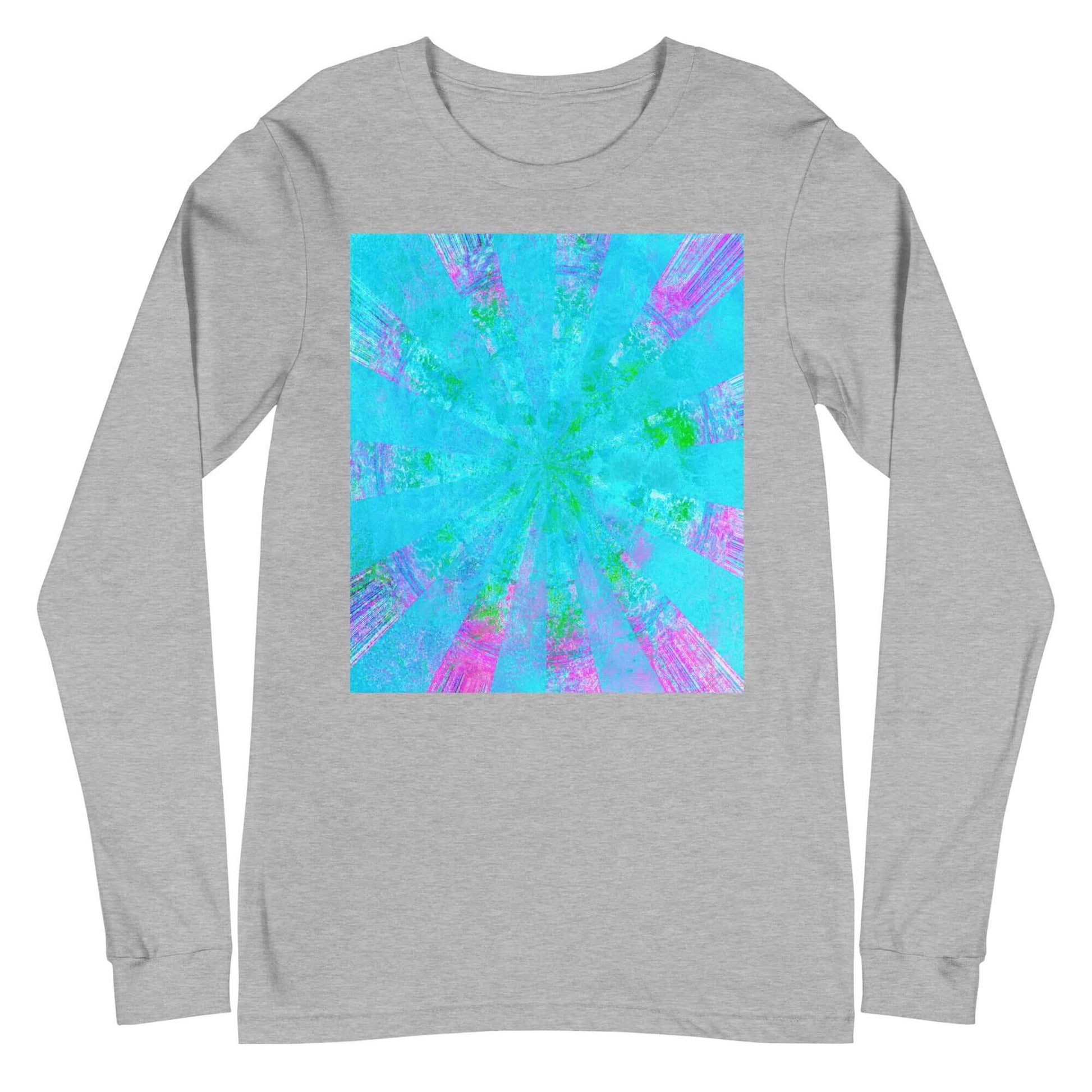 Turquoise Blue with Purple Radial Abstract Art “Blue Stingray” Unisex Long Sleeve Tee in Athletic Heather Gray