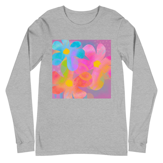 Big Colorful 1960s Psychedelic “Hippie Flowers” Unisex Long Sleeve Tee in Athletic Heather Gray
