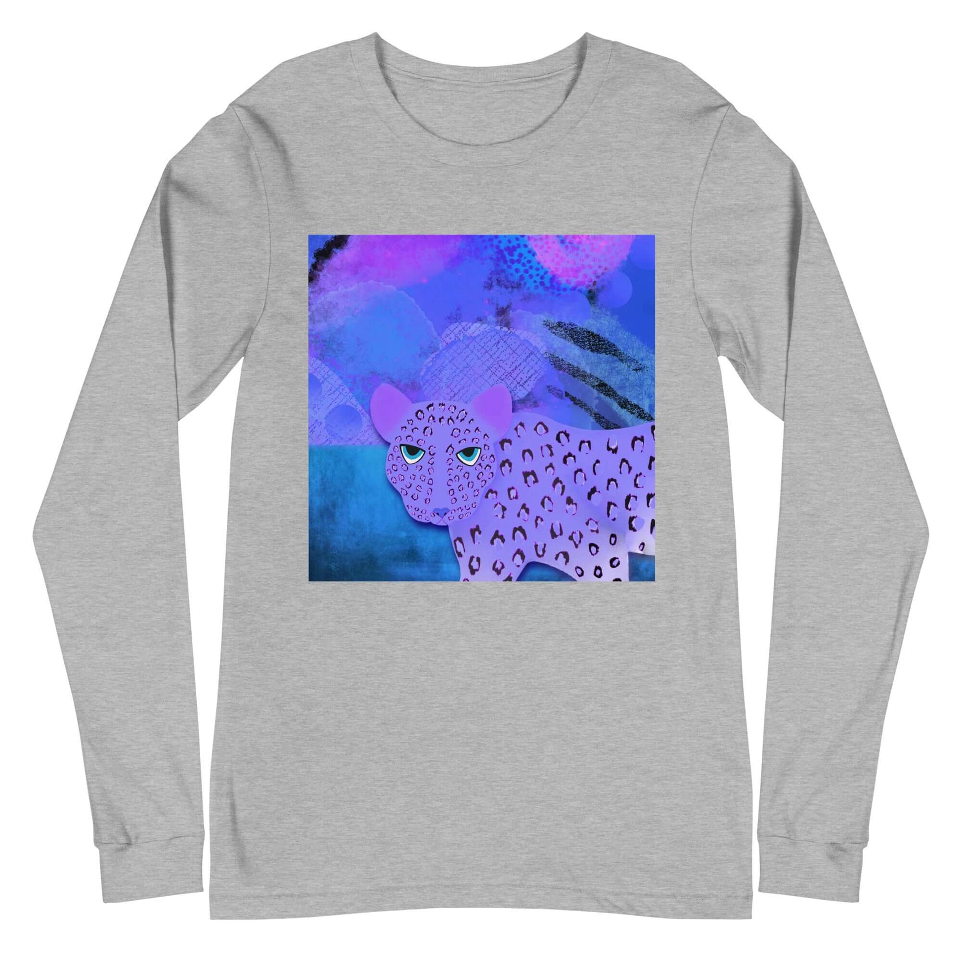 Purple Leopard on Blue and Purple Abstract Background “Blue Leopard” Unisex Long Sleeve Tee in Athletic Heather Gray