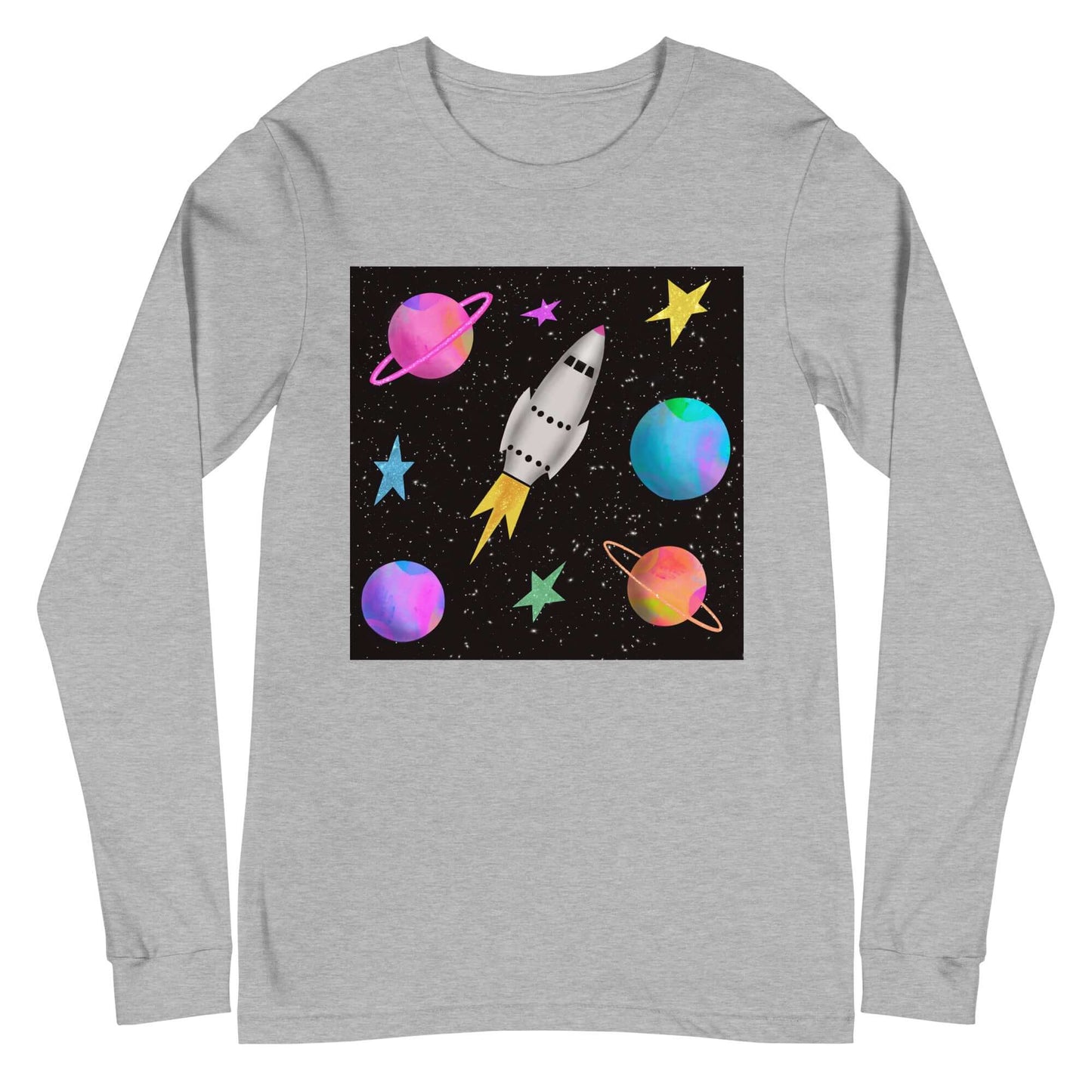 Whimsical Space Rocket with Colorful Planets and Stars on Black Background “Space Rockets” Unisex Long Sleeve Tee in Athletic Heather Gray 