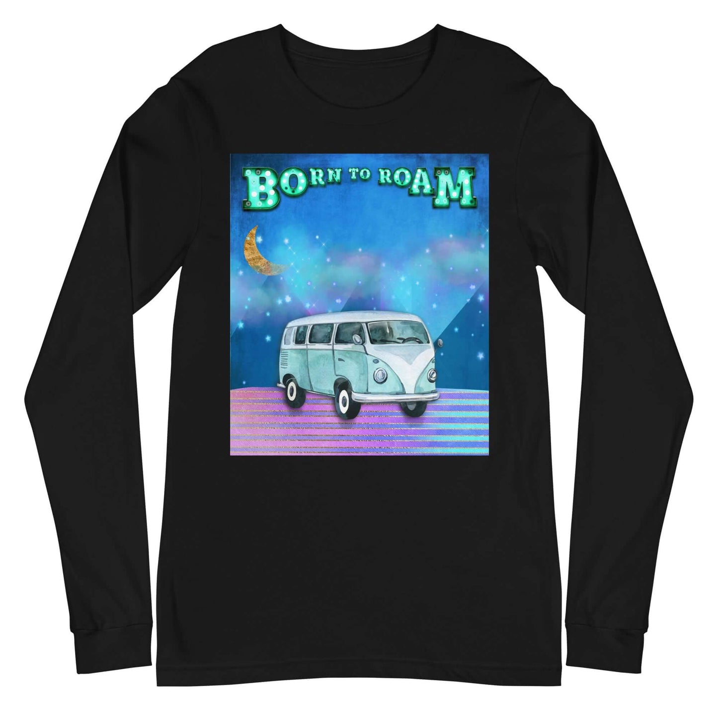 Blue Camper Van Against Blue and Purple Mountains with Moon, Clouds and Stars with “Born to Roam” Marquee Letters Unisex Long Sleeve Tee in Black Heather