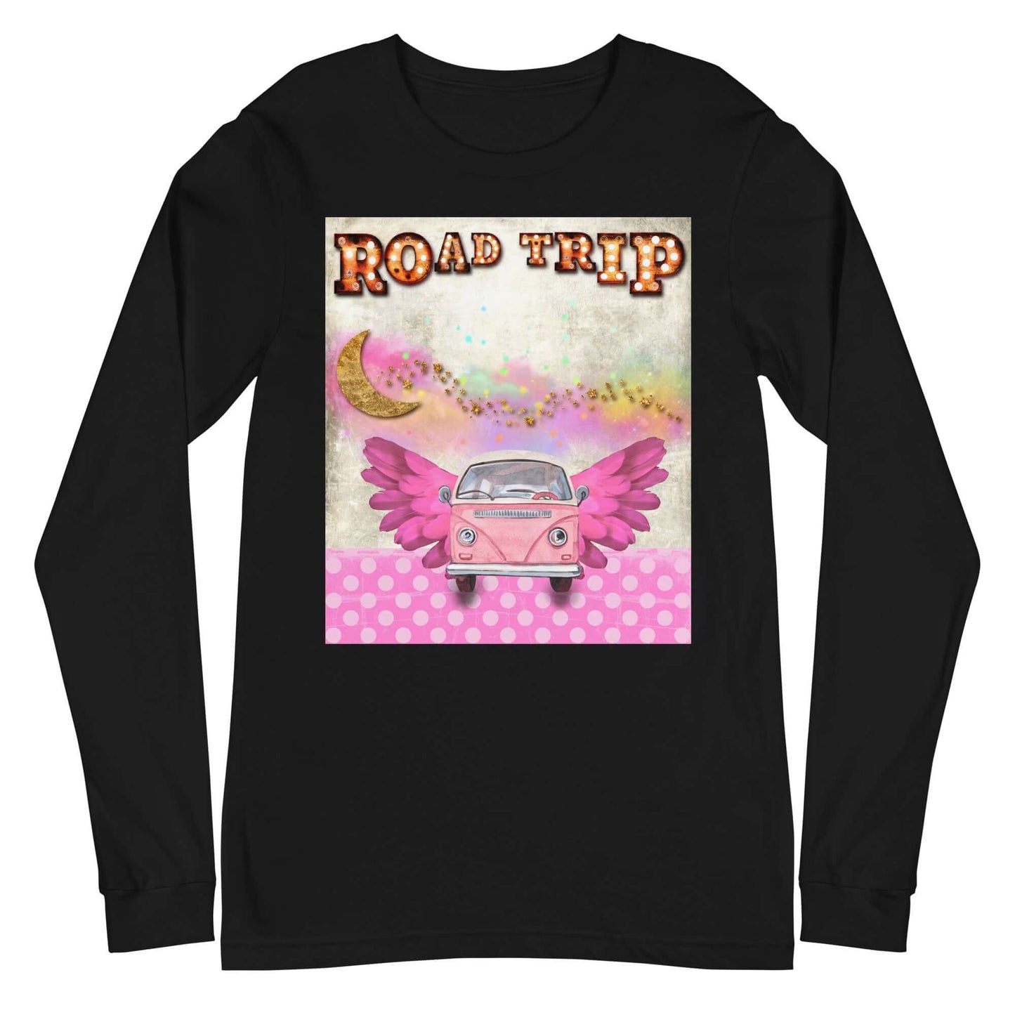 Pink Camper Van in Rainbow Clouds with Moon and Stars “Road Trip” Unisex Long Sleeve Tee in Black