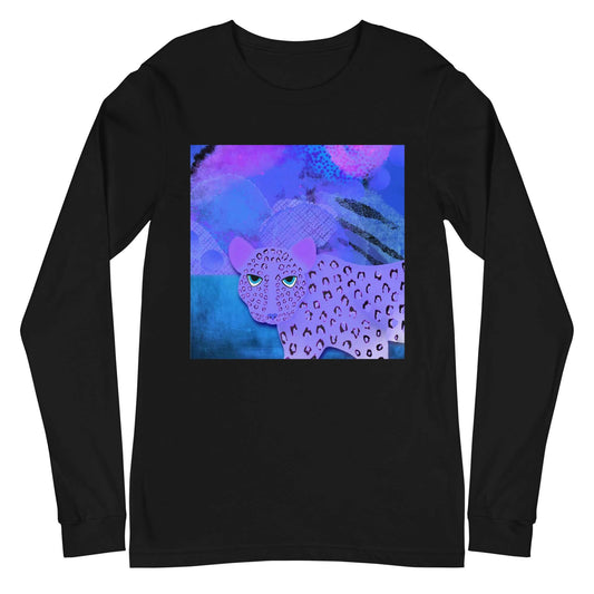 Purple Leopard on Blue and Purple Abstract Background “Blue Leopard” Unisex Long Sleeve Tee in Black Heather