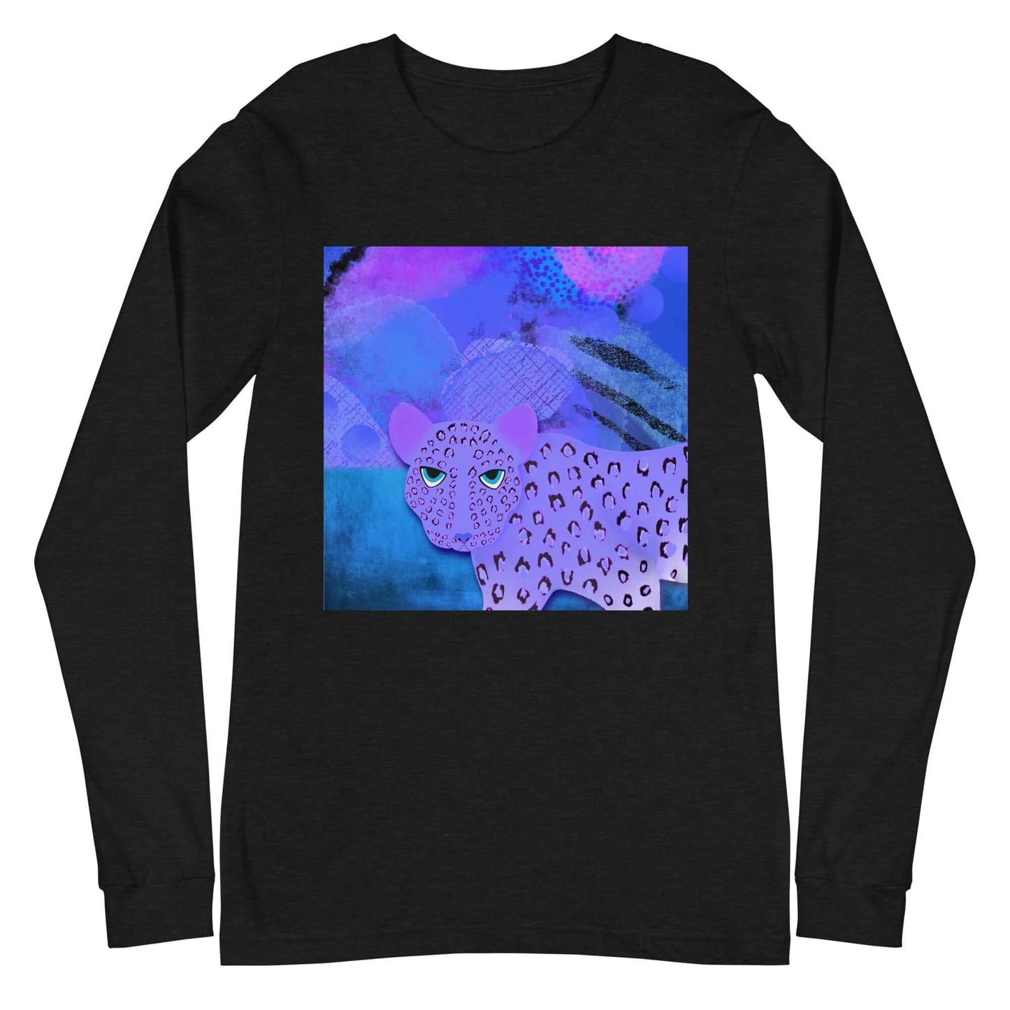 Purple Leopard on Blue and Purple Abstract Background “Blue Leopard” Unisex Long Sleeve Tee in Black