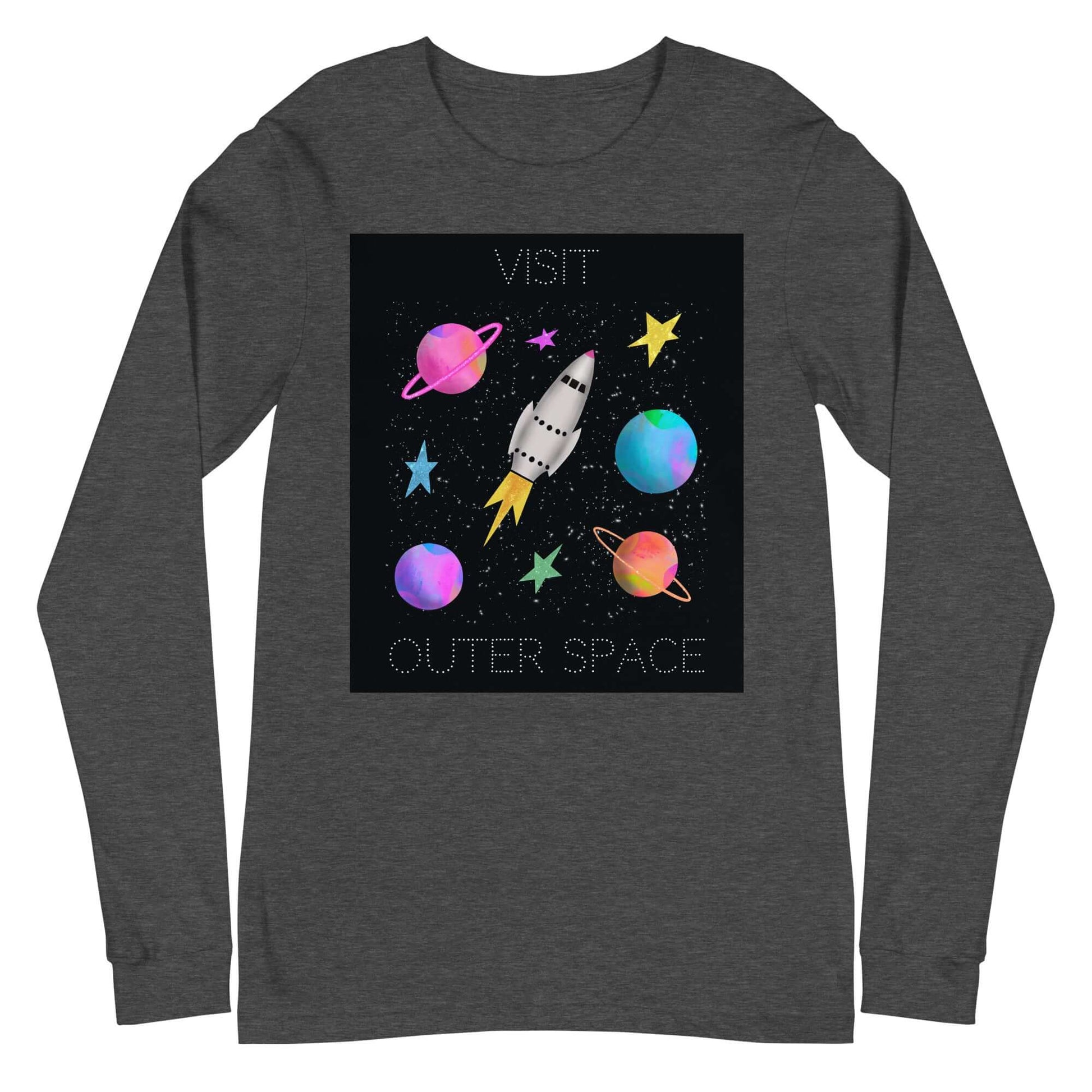 Whimsical Space Rocket with Colorful Planets and Stars on Black Background with Text “Visit Outer Space” Unisex Long Sleeve Tee in Dark Gray Heather 