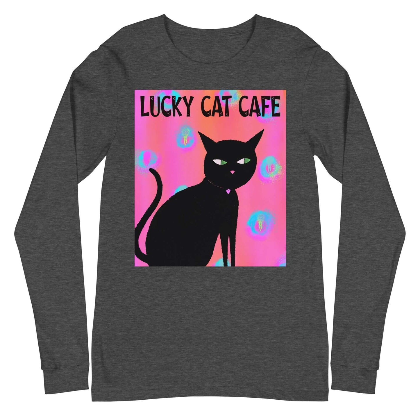 Black Cat on Hot Pink Tie Dye Background with Text “Lucky Cat Cafe” Unisex Long Sleeve Tee in Dark Gray Heather