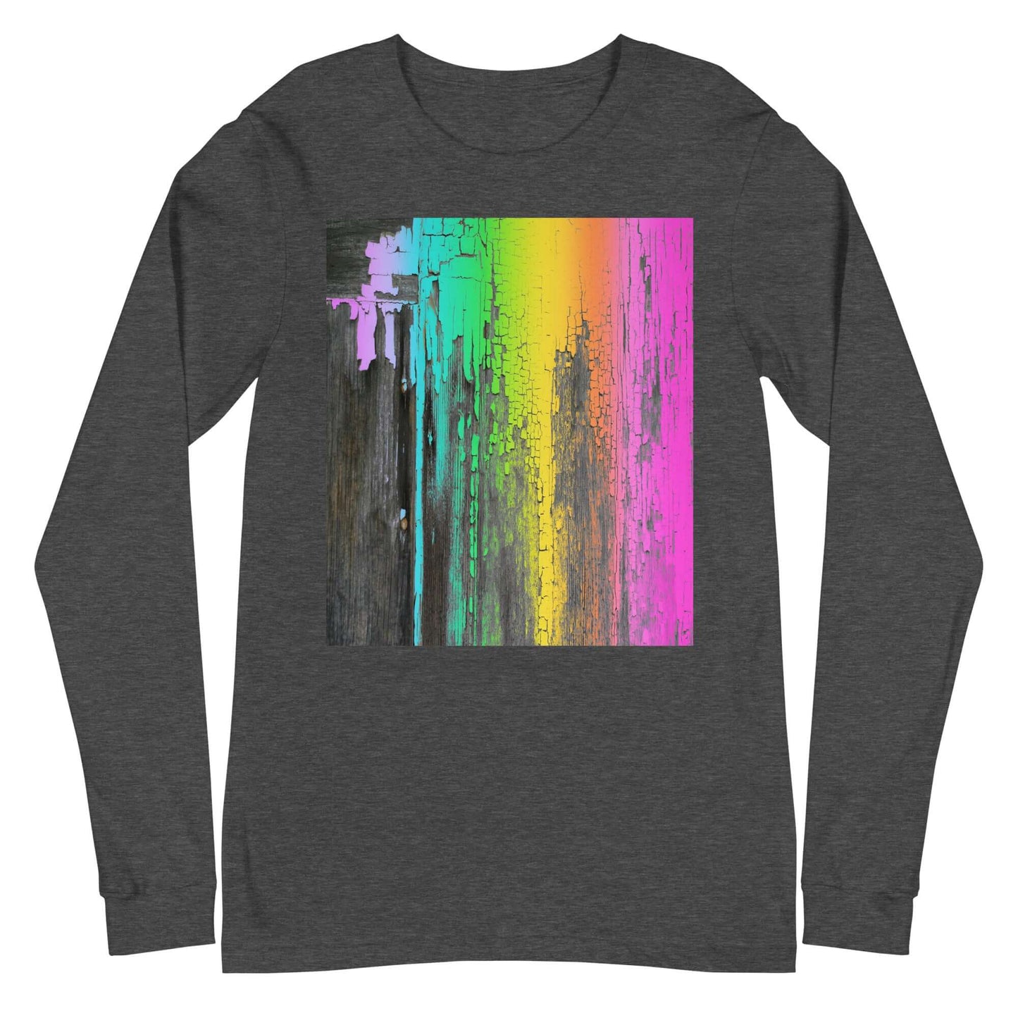 Rainbow Paint Drips on Old Wood “Rainbow Crackle” Unisex Long Sleeve Tee in Dark Gray Heather