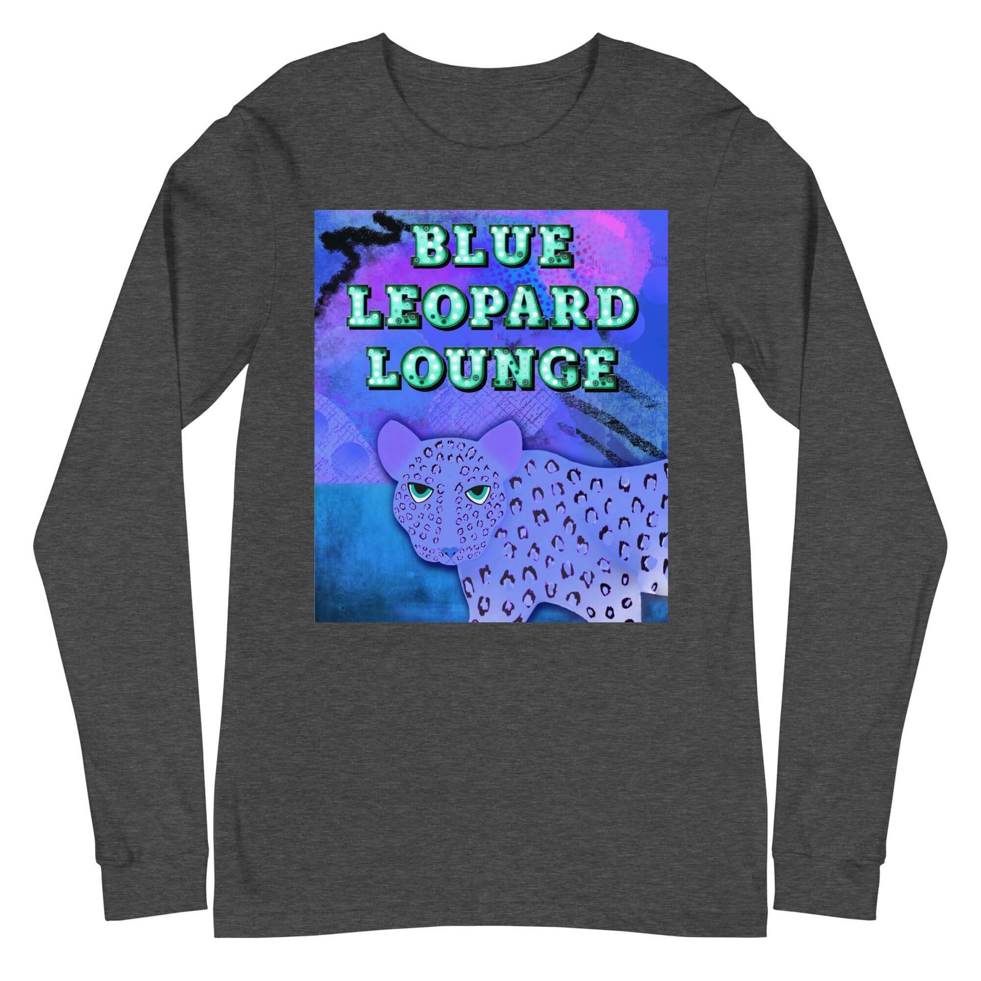 Purple Leopard on Blue and Purple Abstract Background with “Blue Leopard Lounge” Marquee Letters Unisex Long Sleeve Tee in Black Heather
