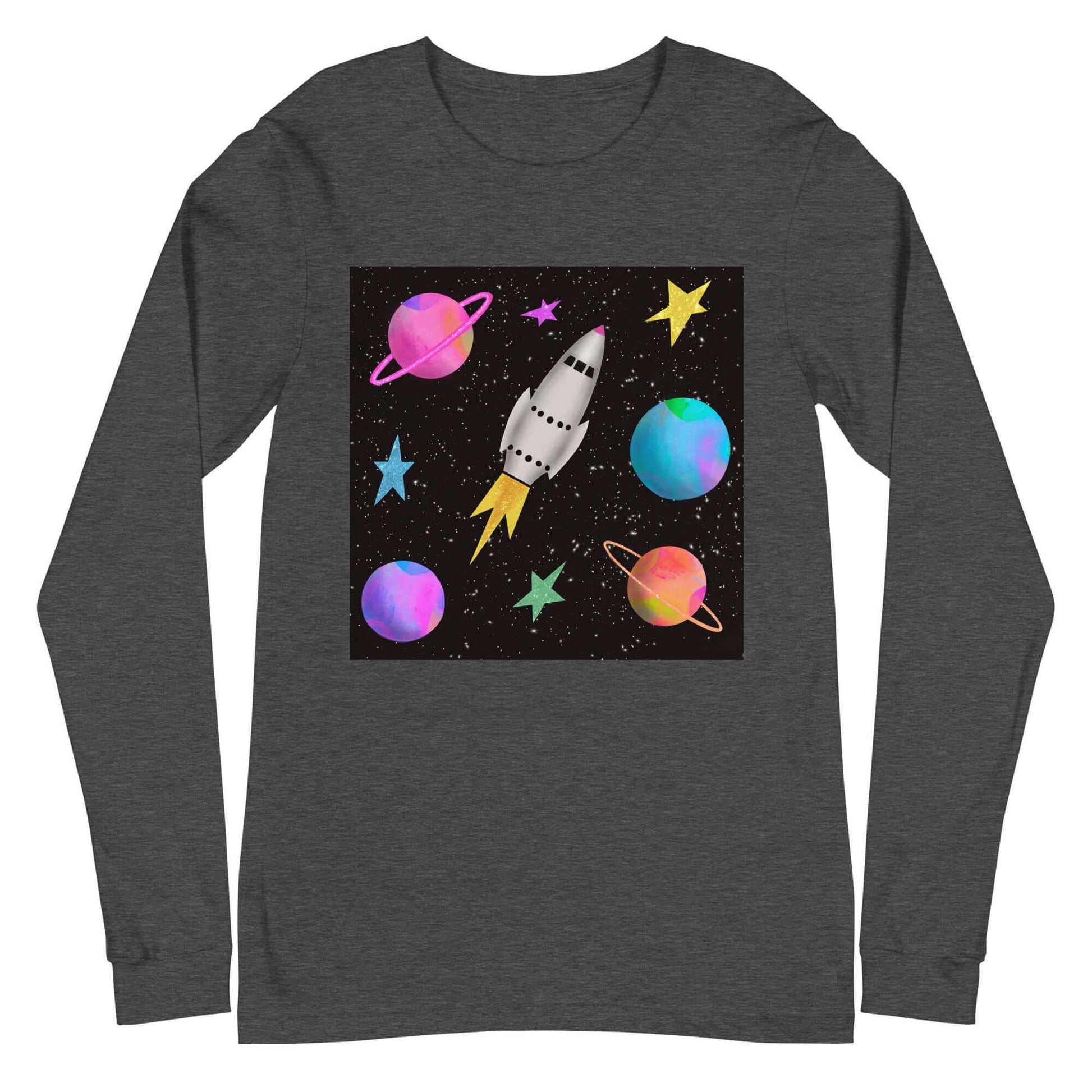 Whimsical Space Rocket with Colorful Planets and Stars on Black Background “Space Rockets” Unisex Long Sleeve Tee in Dark Gray Heather