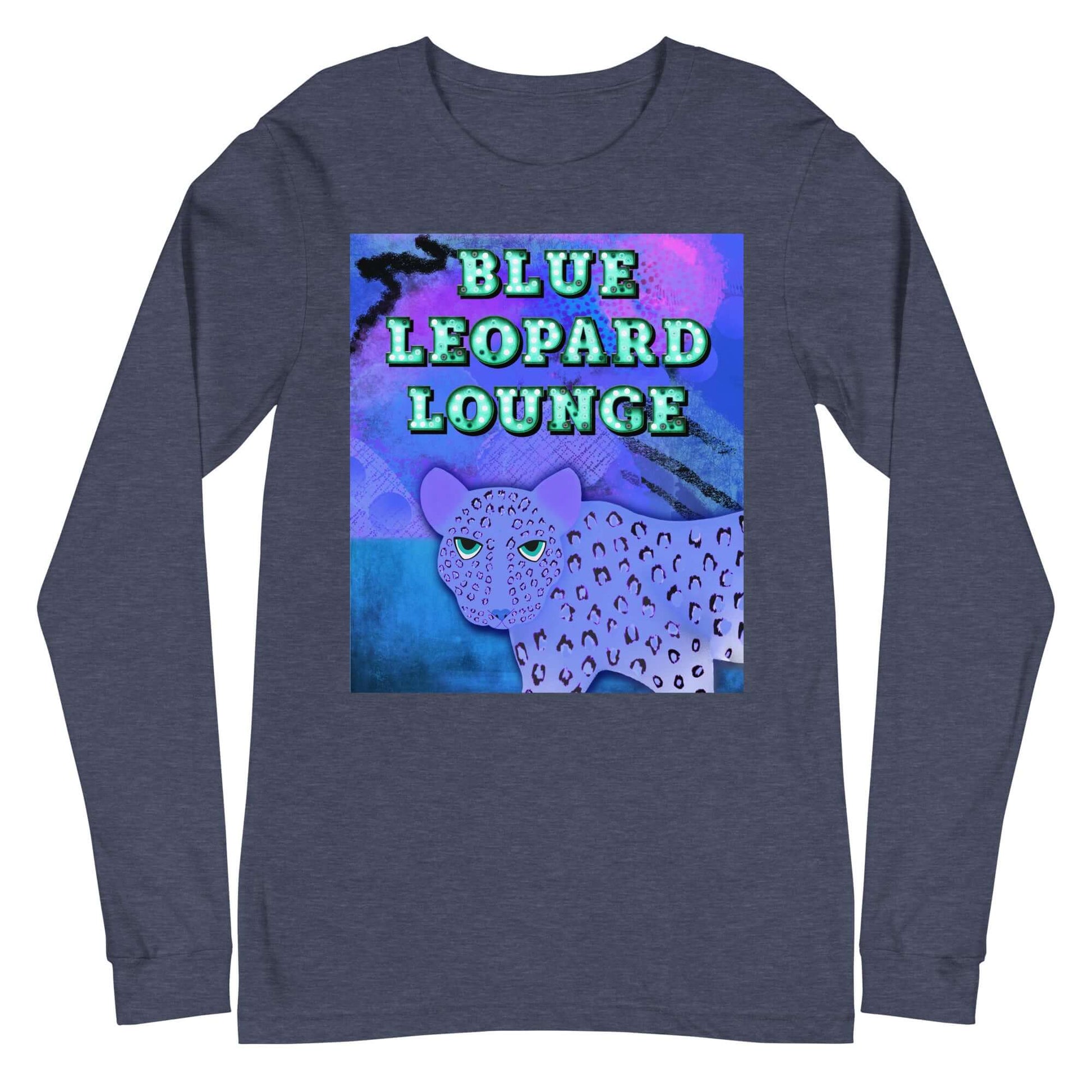 Purple Leopard on Blue and Purple Abstract Background with “Blue Leopard Lounge” Marquee Letters Unisex Long Sleeve Tee in Heather Navy
