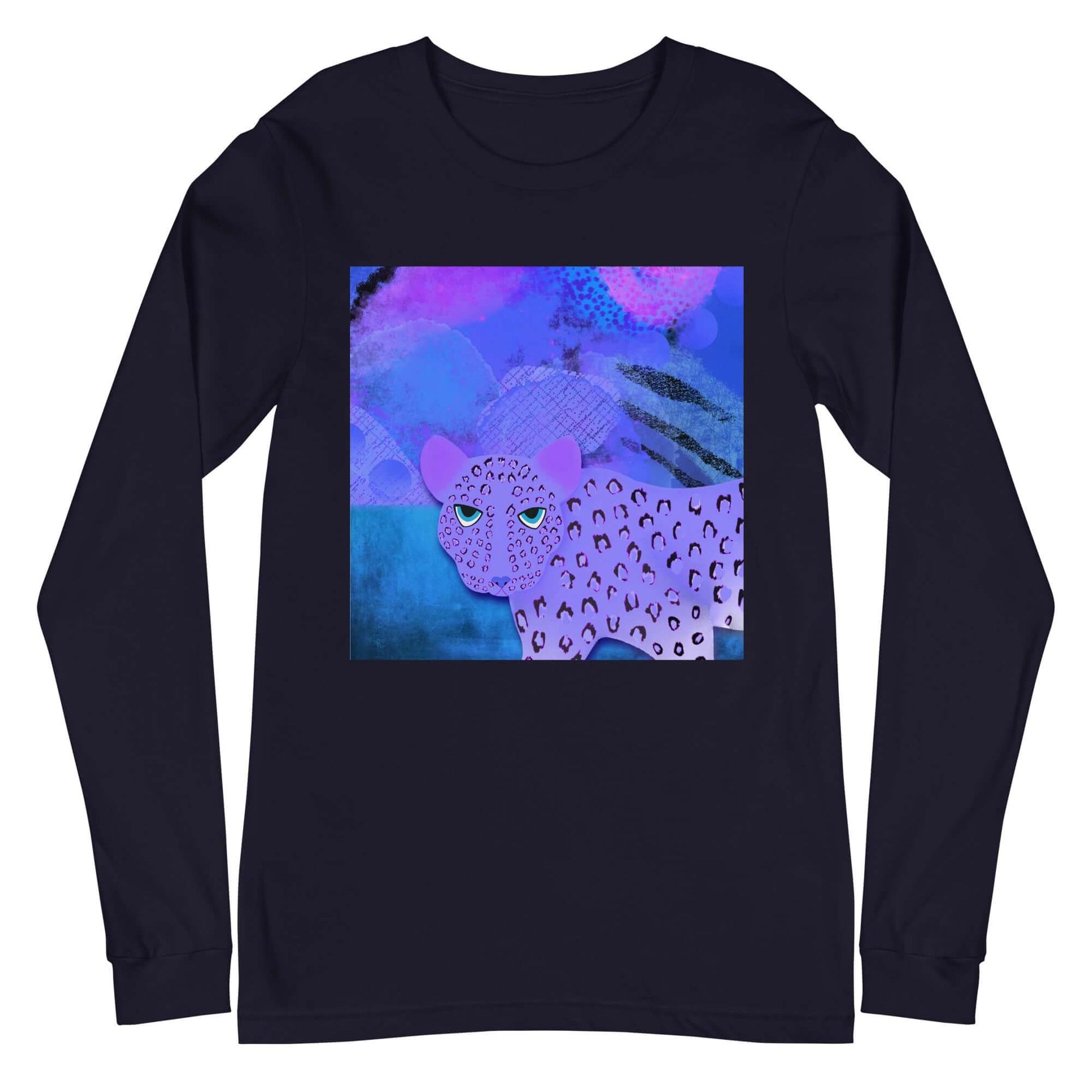 Purple Leopard on Blue and Purple Abstract Background “Blue Leopard” Unisex Long Sleeve Tee in Navy