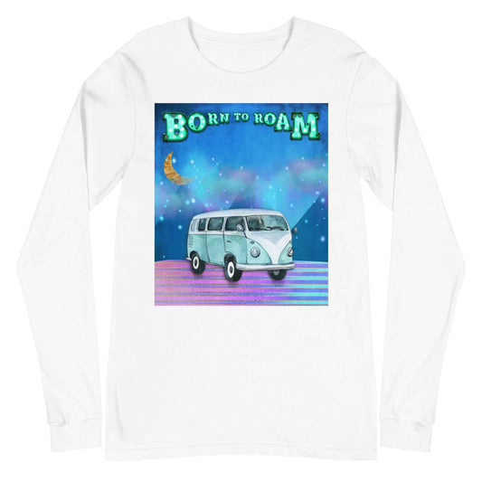 Blue Camper Van Against Blue and Purple Mountains with Moon, Clouds and Stars with “Born to Roam” Marquee Letters Unisex Long Sleeve Tee in White