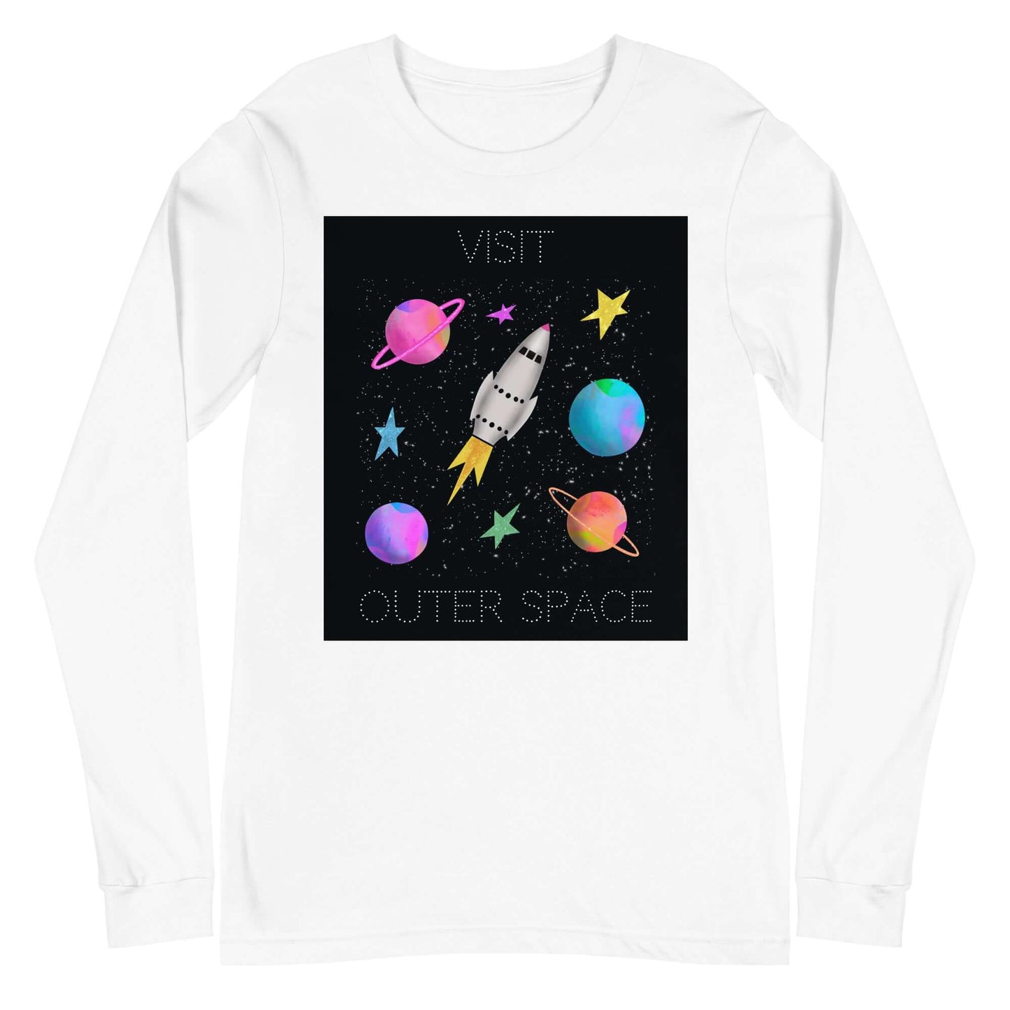 Whimsical Space Rocket with Colorful Planets and Stars on Black Background with Text “Visit Outer Space” Unisex Long Sleeve Tee in White