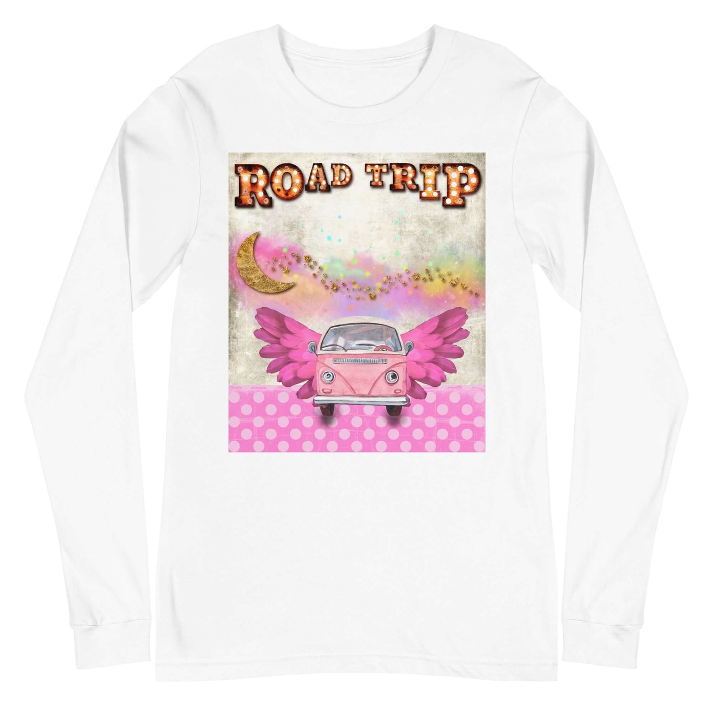 Pink Camper Van in Rainbow Clouds with Moon and Stars “Road Trip” Unisex Long Sleeve Tee in White