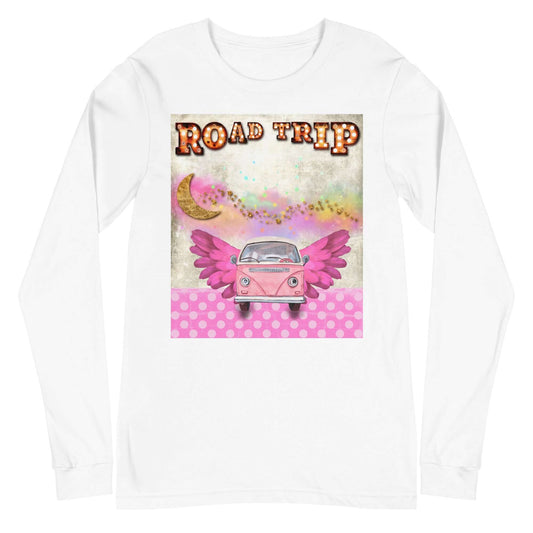 Pink Camper Van in Rainbow Clouds with Moon and Stars “Road Trip” Unisex Long Sleeve Tee in White