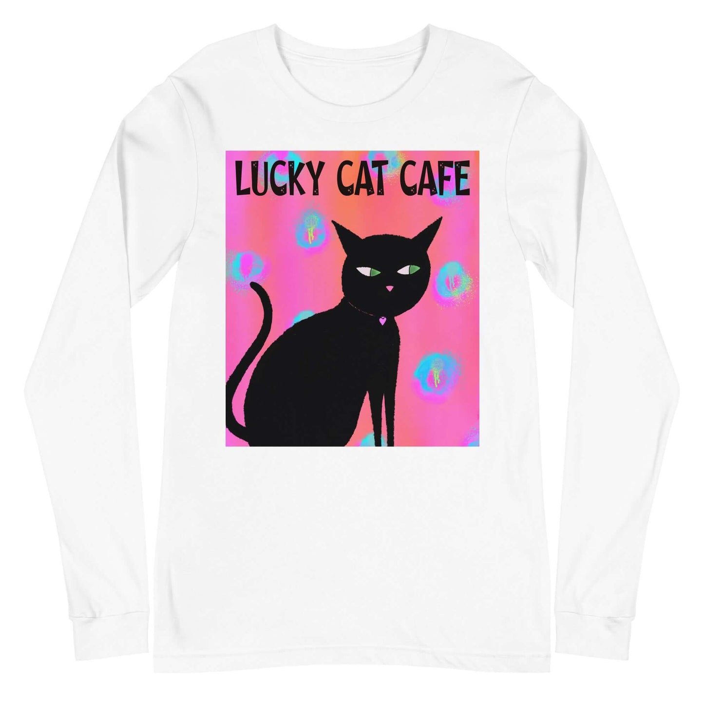 Black Cat on Hot Pink Tie Dye Background with Text “Lucky Cat Cafe” Unisex Long Sleeve Tee in White