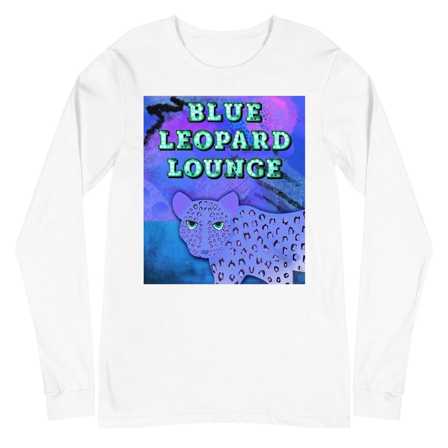 Purple Leopard on Blue and Purple Abstract Background with “Blue Leopard Lounge” Marquee Letters Unisex Long Sleeve Tee in White