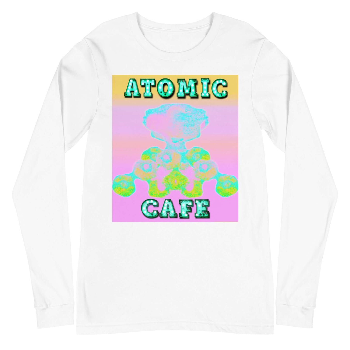 Pastel Atomic Blast with “Atomic Cafe” in Marquee Letters Unisex Long Sleeve Tee in White