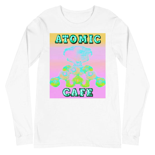 Pastel Atomic Blast with “Atomic Cafe” in Marquee Letters Unisex Long Sleeve Tee in White