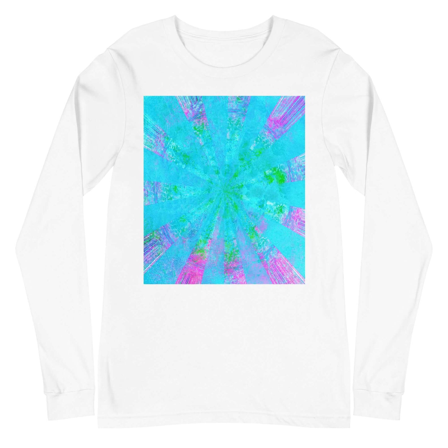 Turquoise Blue with Purple Radial Abstract Art “Blue Stingray” Unisex Long Sleeve Tee in White