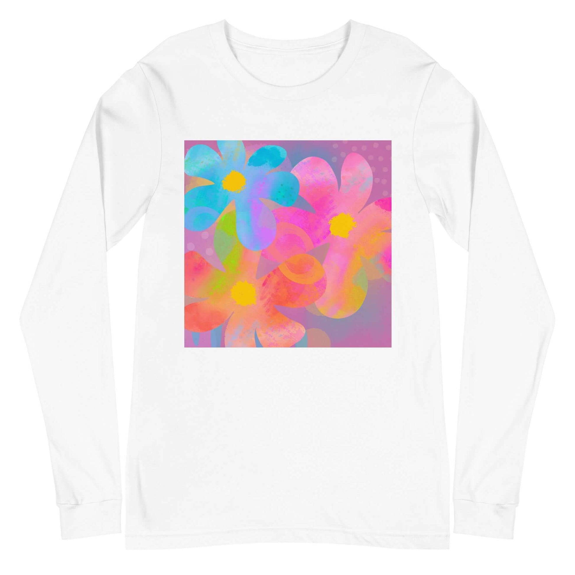 Big Colorful 1960s Psychedelic “Hippie Flowers” Unisex Long Sleeve Tee in White