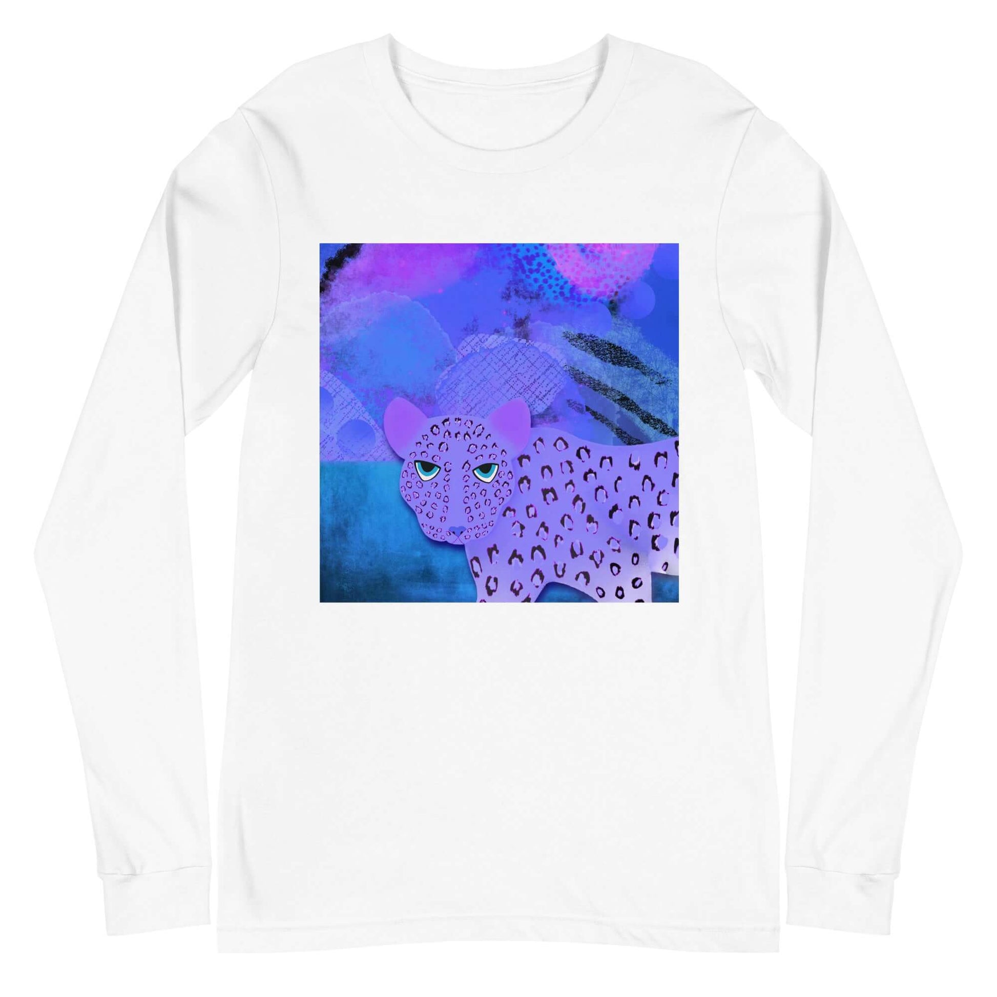 Purple Leopard on Blue and Purple Abstract Background “Blue Leopard” Unisex Long Sleeve Tee in White