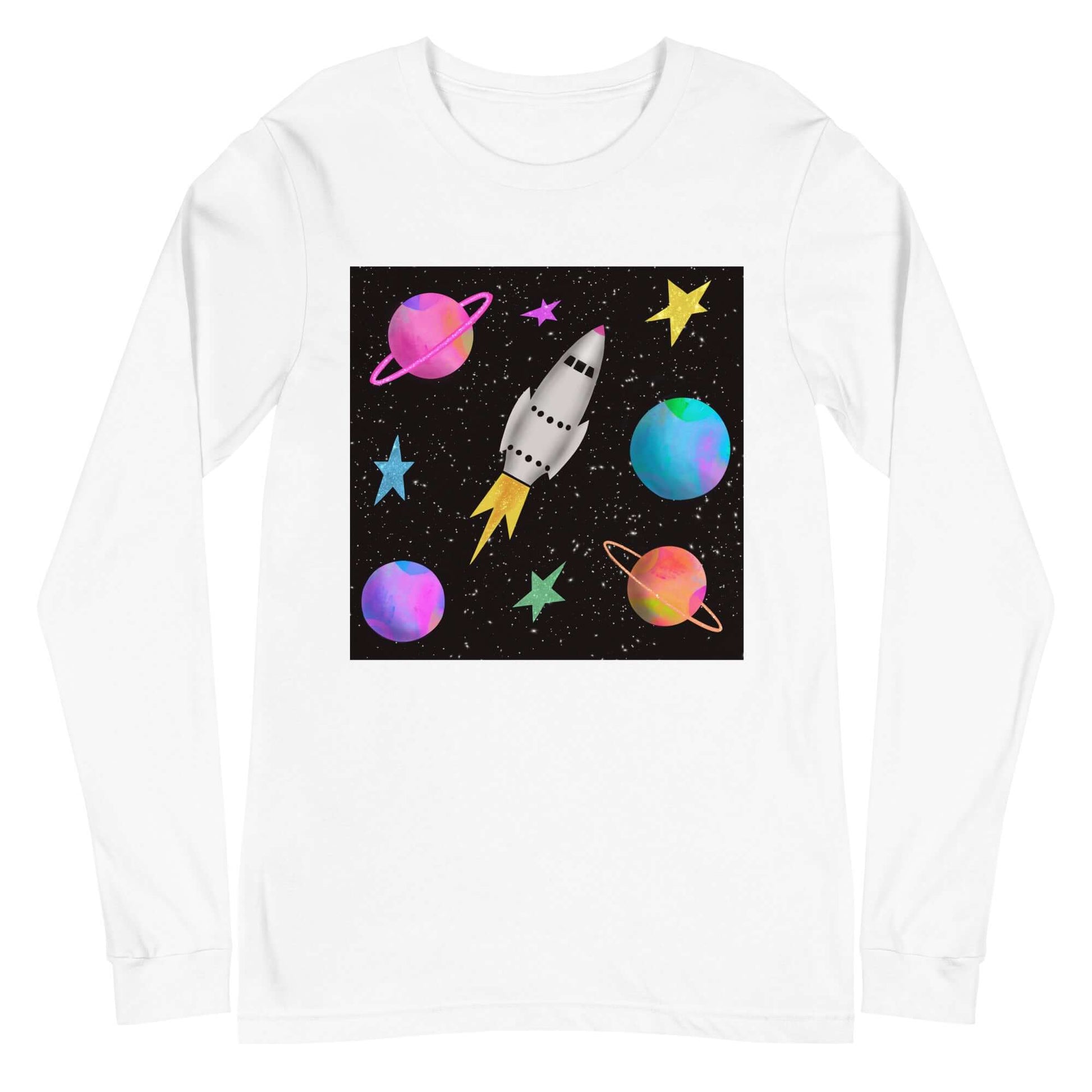 Whimsical Space Rocket with Colorful Planets and Stars on Black Background “Space Rockets” Unisex Long Sleeve Tee in White