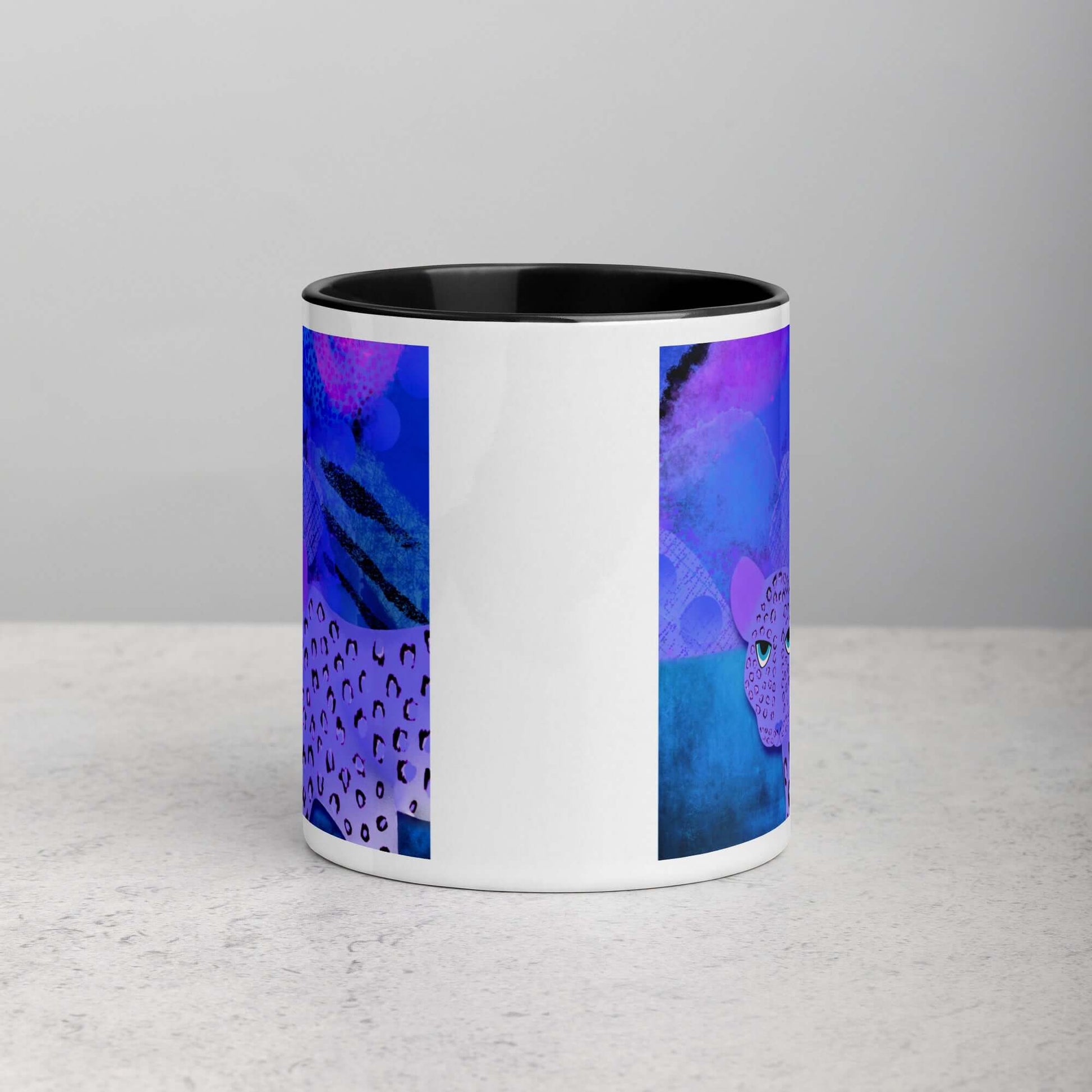 Purple Leopard on Blue and Purple Abstract Background “Blue Leopard” Mug with Black Color Inside Side View