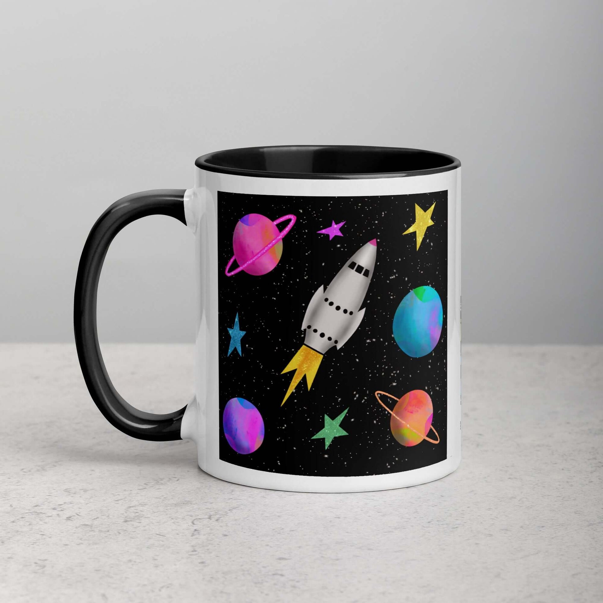 Whimsical Space Rocket with Colorful Planets and Stars on Black Background “Space Rockets” Mug with Black Color Inside Left Handed Front View