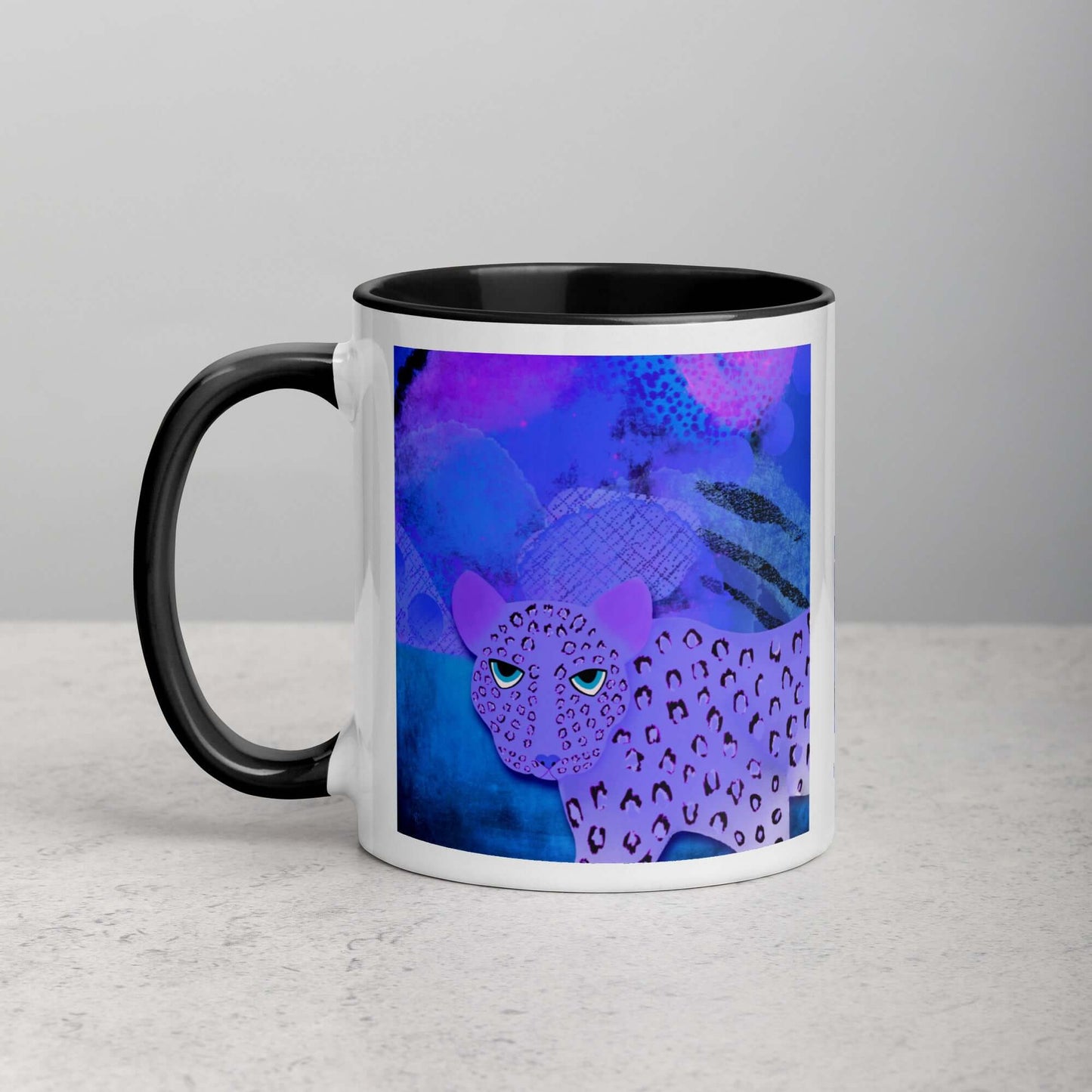 Purple Leopard on Blue and Purple Abstract Background “Blue Leopard” Mug with Black Color Inside Left Handed Front View