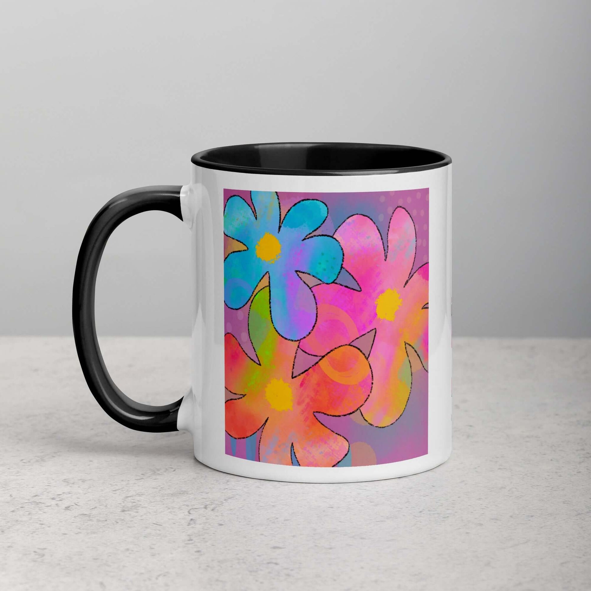 Big Colorful 1960s Psychedelic “Hippie Flowers” Mug with Black Color Inside Left Handed Front View