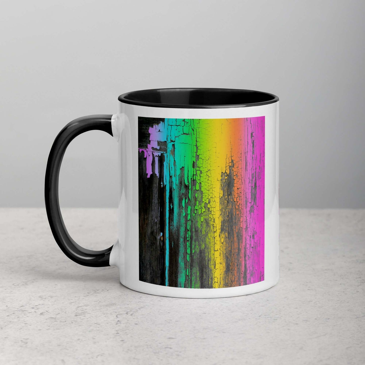 Rainbow Paint Drips on Old Wood “Rainbow Crackle” Mug with Black Color Inside Left Handed Front View