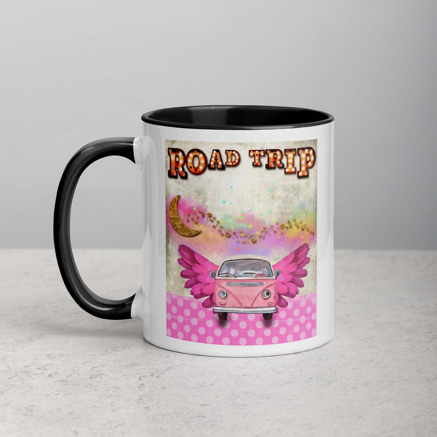 Pink Camper Van in Rainbow Clouds with Moon and Stars “Road Trip” Mug with Black Color Inside Left Handed Front View