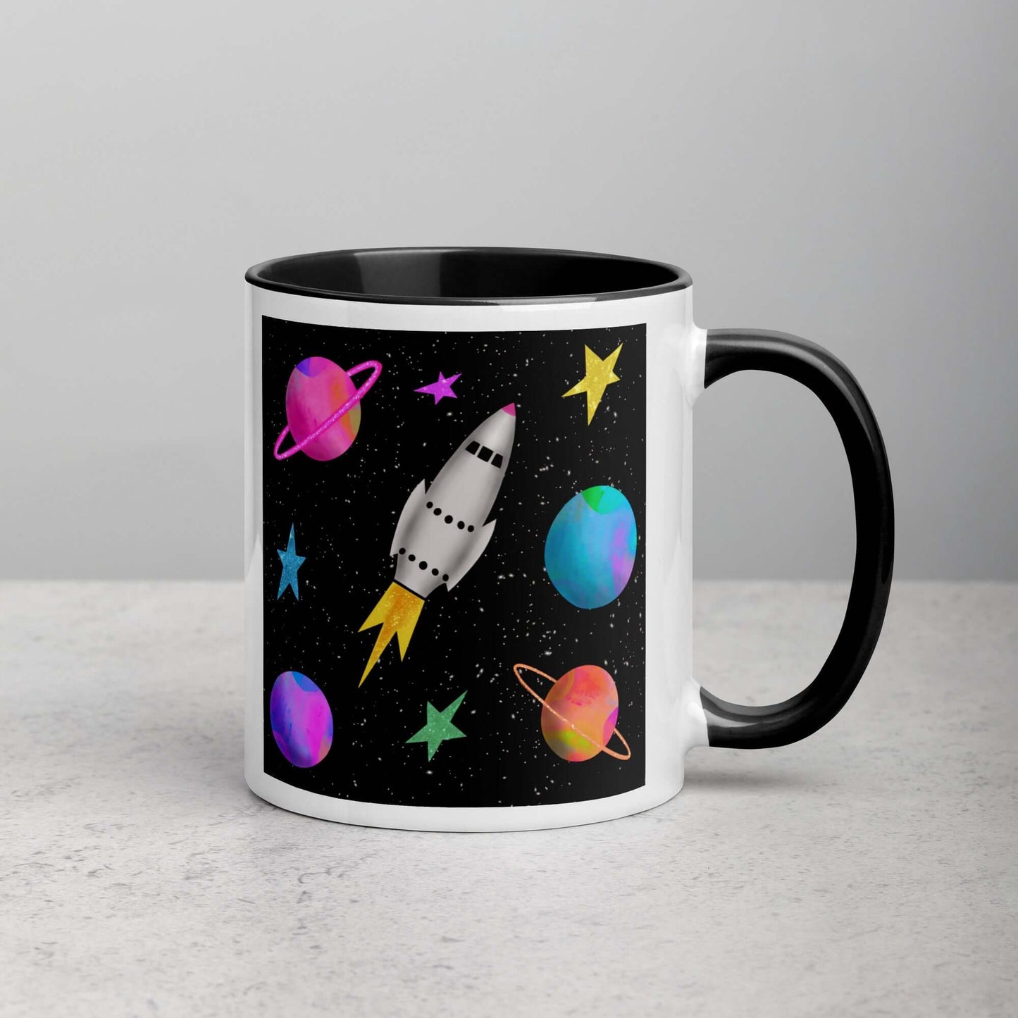 Whimsical Space Rocket with Colorful Planets and Stars on Black Background “Space Rockets” Mug with Black Color Inside Right Handed Front View