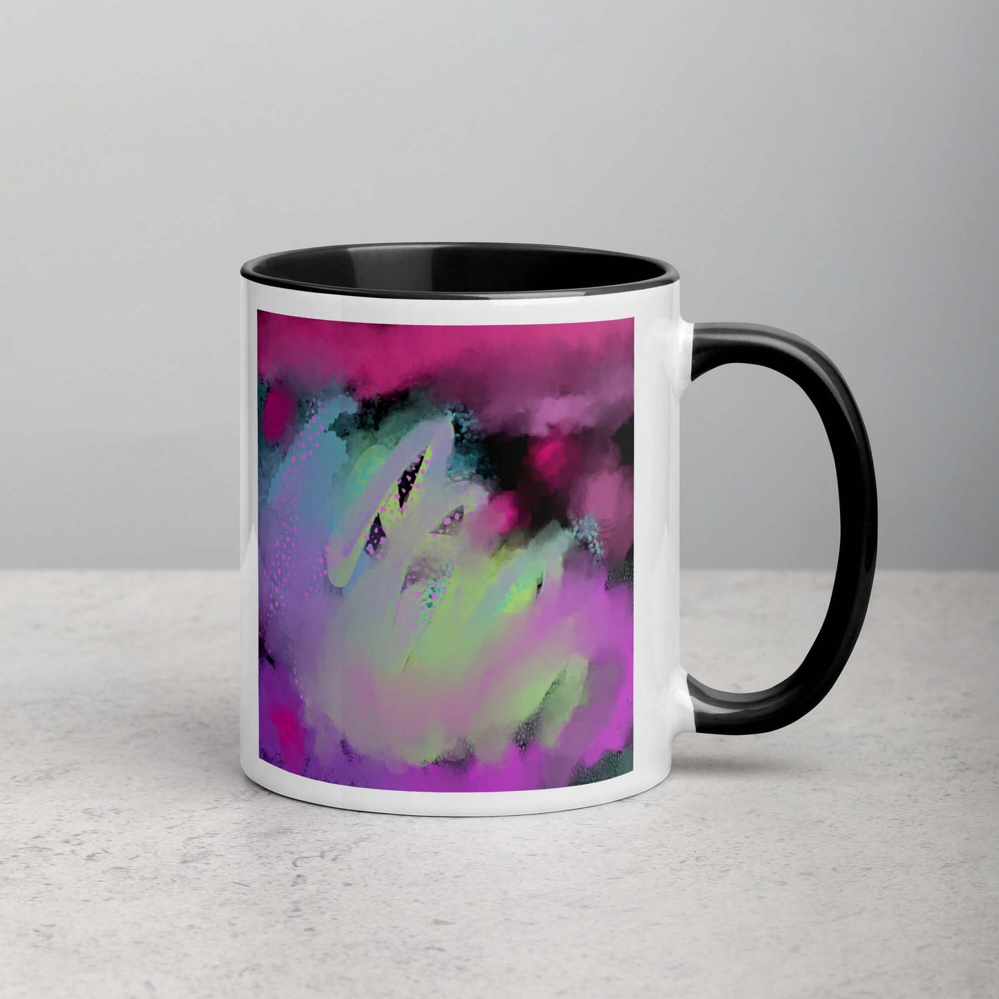 Magenta, Mint Green and Purples “Viva Magenta” Abstract Art Mug with Black Color Inside Right Handed Front View