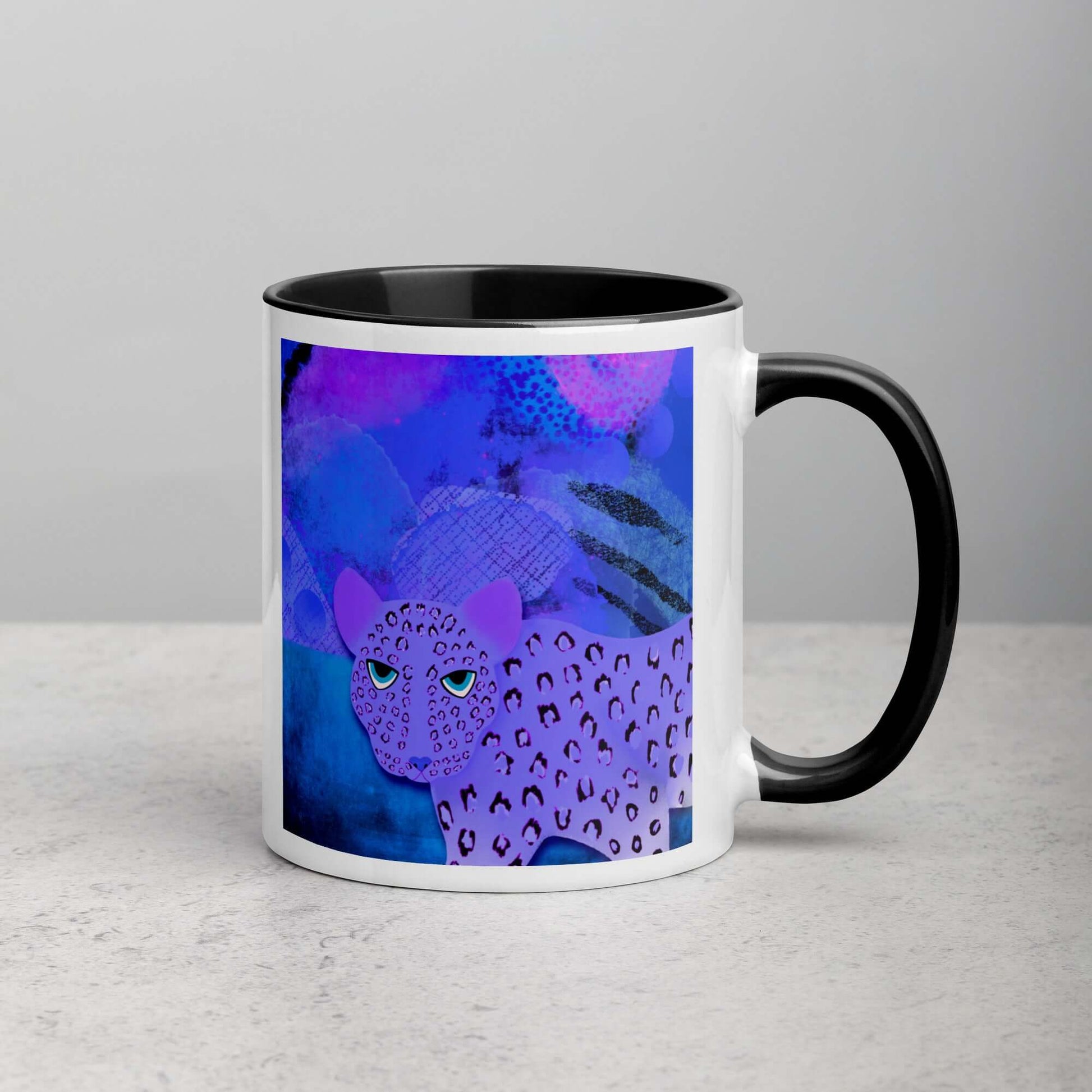 Purple Leopard on Blue and Purple Abstract Background “Blue Leopard” Mug with Black Color Inside Right Handed Front View