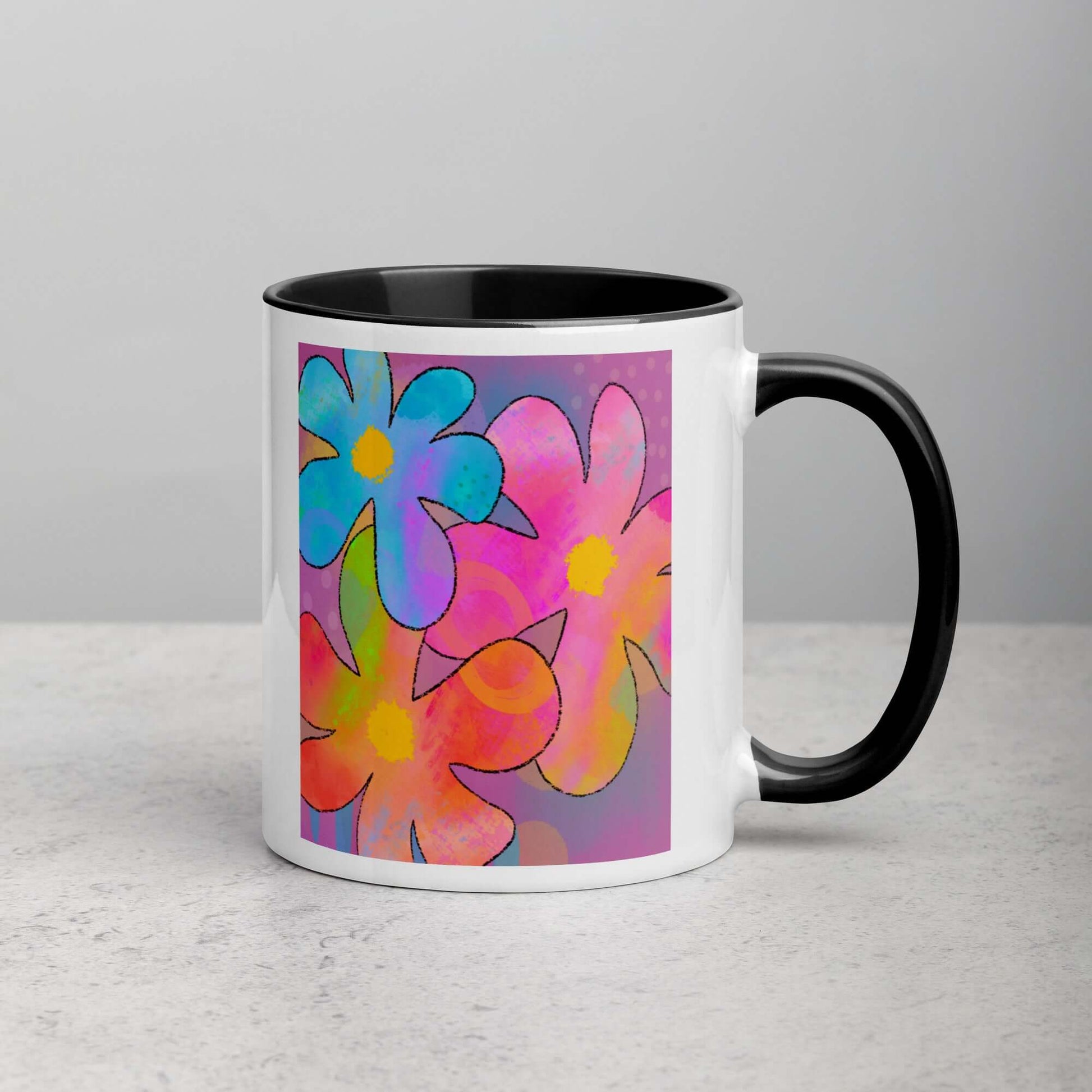 Big Colorful 1960s Psychedelic “Hippie Flowers” Mug with Black Color Inside Right Handed Front View