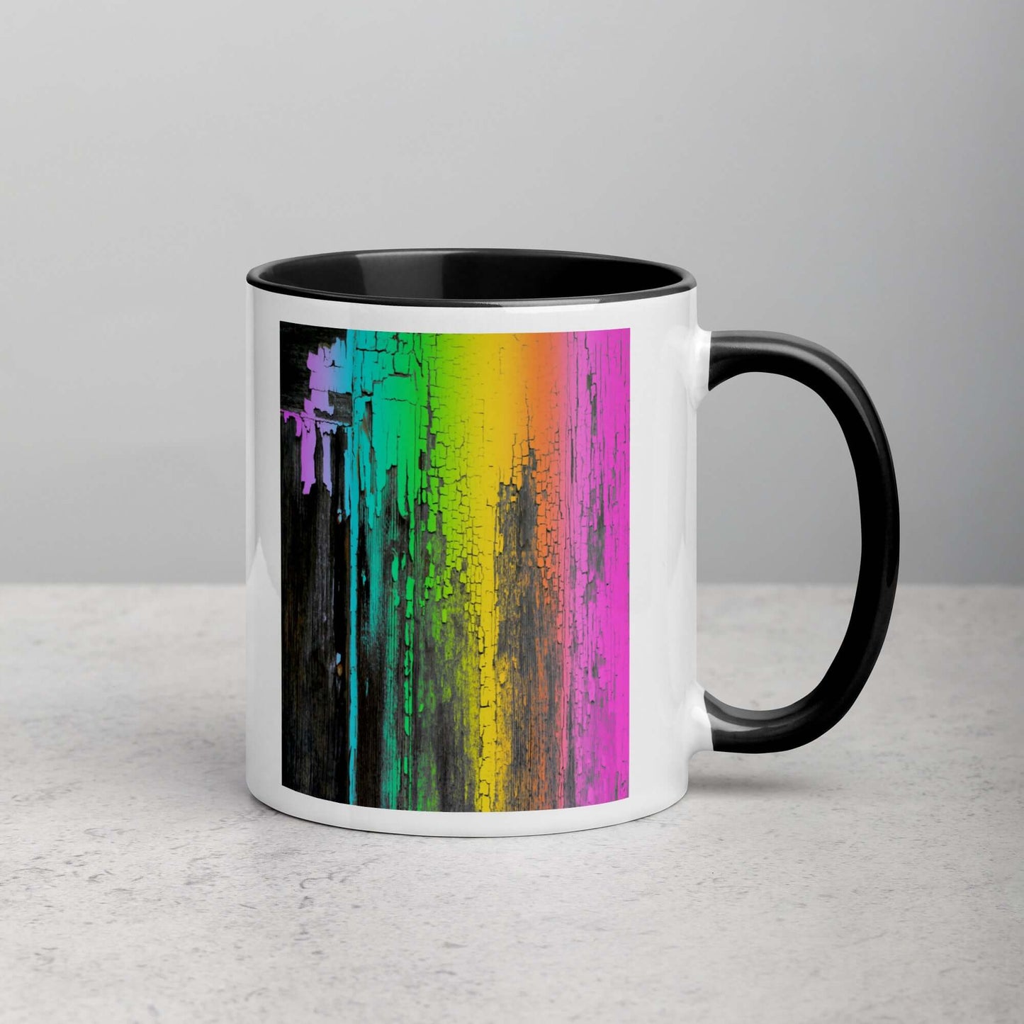 Rainbow Paint Drips on Old Wood “Rainbow Crackle” Mug with Black Color Inside Right Handed Front View