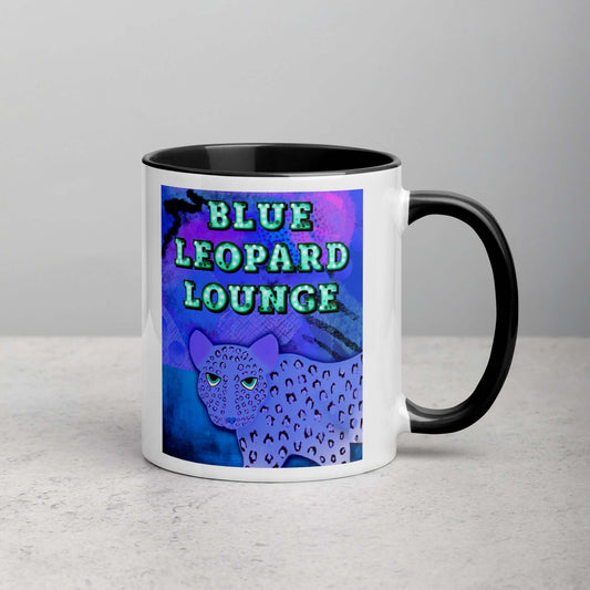 Purple Leopard on Blue and Purple Abstract Background with Text “Blue Leopard Lounge” Mug with Black Color Inside Right Handed Front View