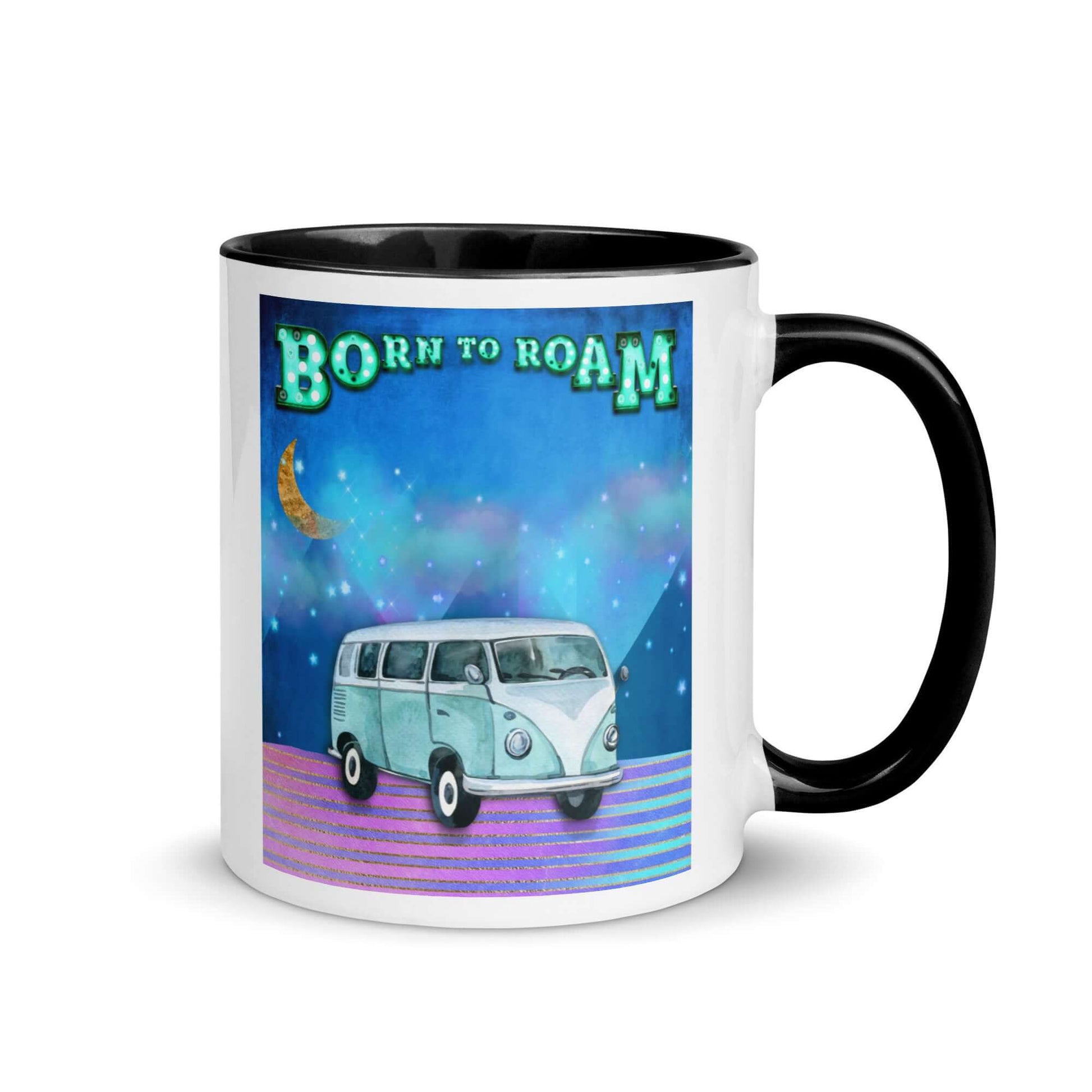 Blue Camper Van Against Blue and Purple Mountains with Moon, Clouds and Stars with “Born to Roam” Marquee Letters Mug with Black Color Inside Right Handed Front View