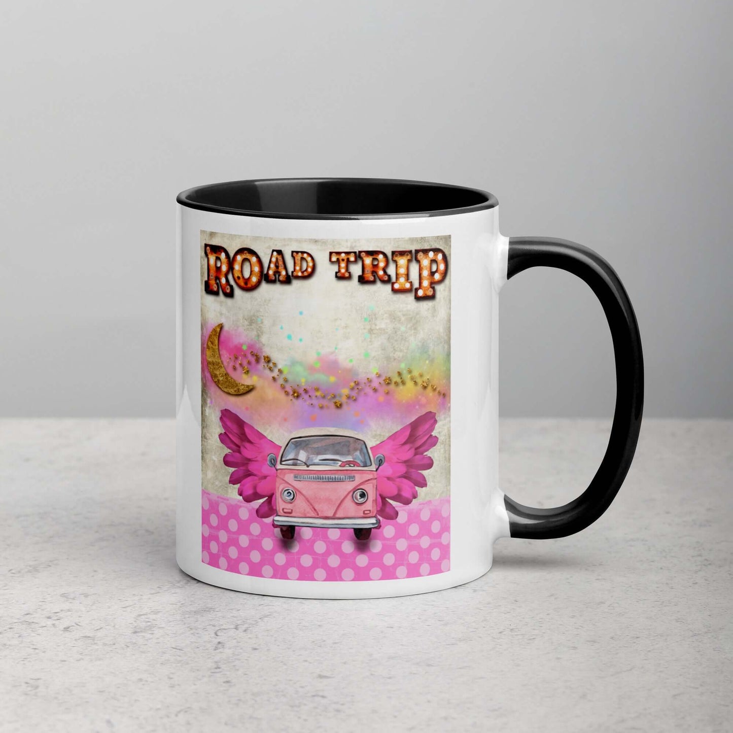 Pink Camper Van in Rainbow Clouds with Moon and Stars “Road Trip” Mug with Black Color Inside Right Handed Front View