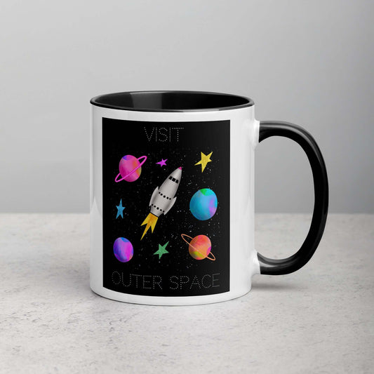 Whimsical Space Rocket with Colorful Planets and Stars on Black Background with Text “Visit Outer Space” Mug with Black Color Inside Right Handed Front View