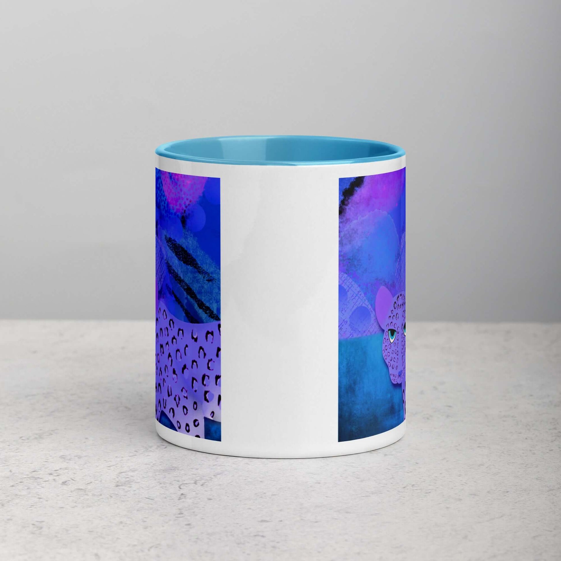 Purple Leopard on Blue and Purple Abstract Background “Blue Leopard” Mug with Light Blue Color Inside Side View