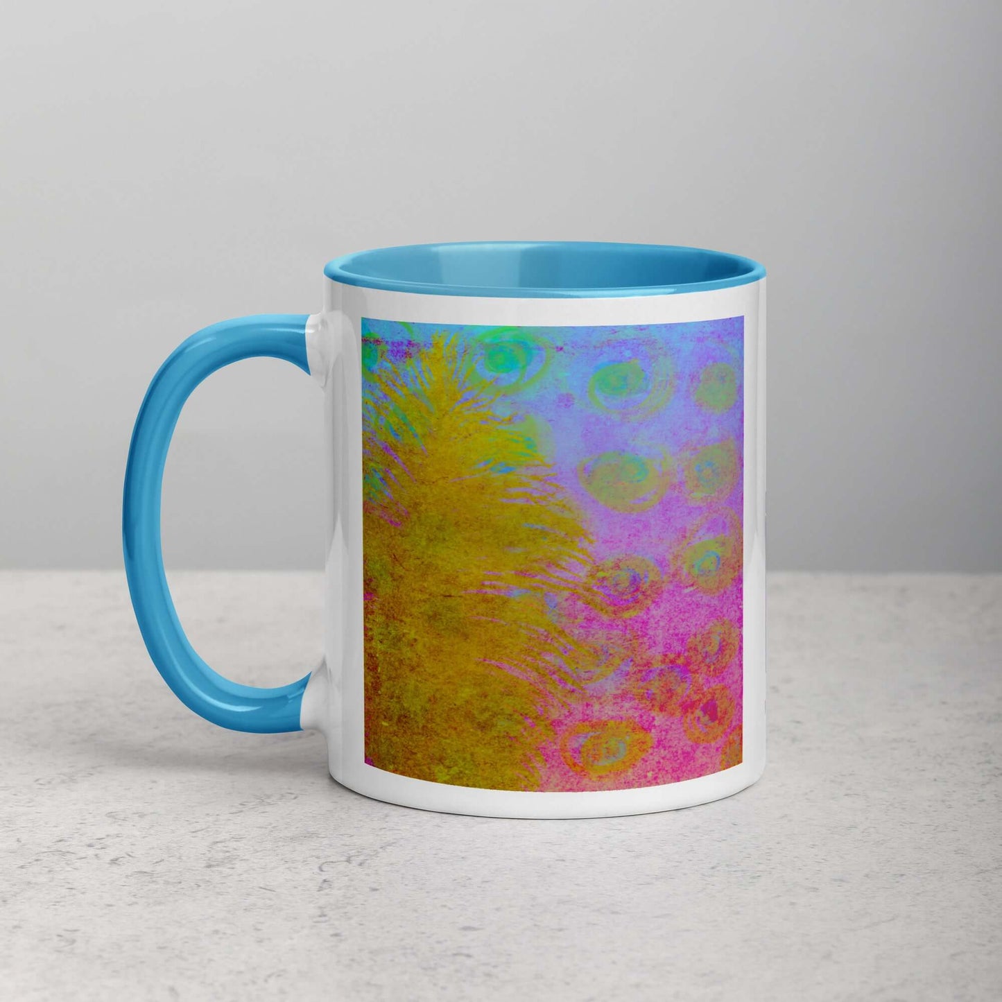 Golden Feather Pink and Blue “Fantasia” Abstract Art Mug with Light Blue Color Inside Left Handed Front View
